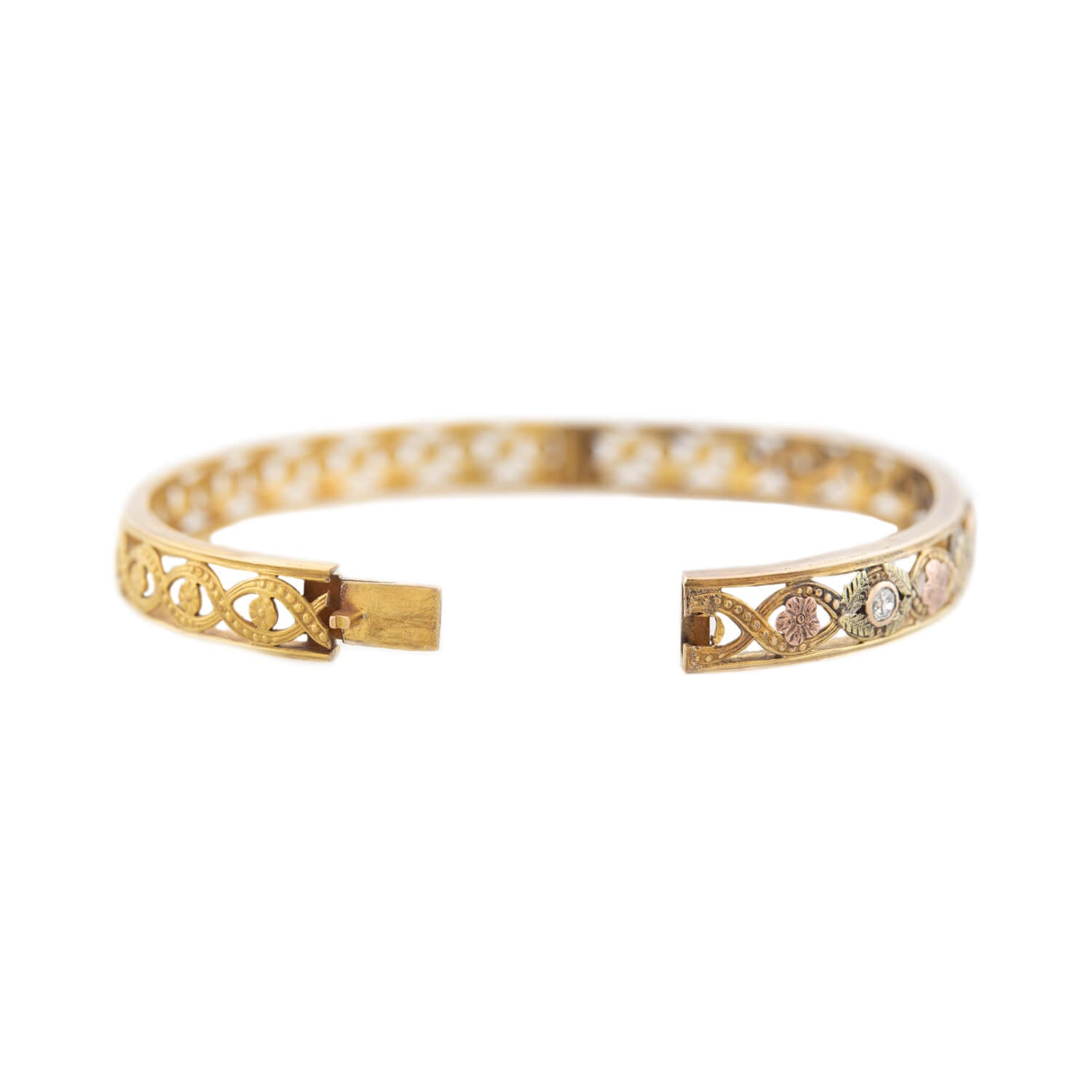 Edwardian 12k Yellow, Rose, and Green Gold Floral Diamond Bangle