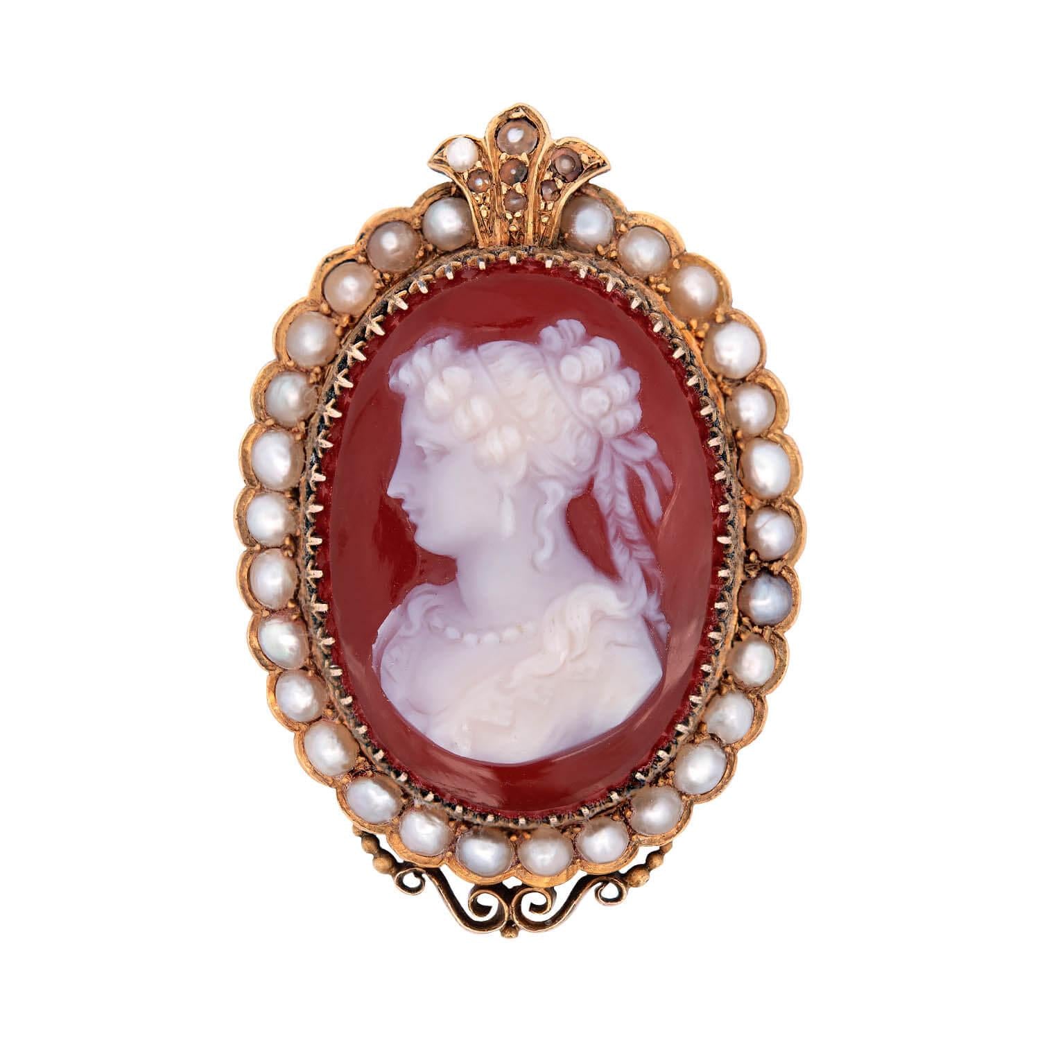 Victorian 14k Agate Hardstone Cameo and Pearl Pendant/Pin