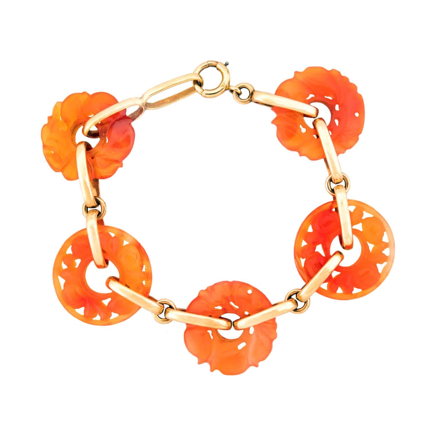 Art Deco 14k Carved Carnelian Disks Bracelet