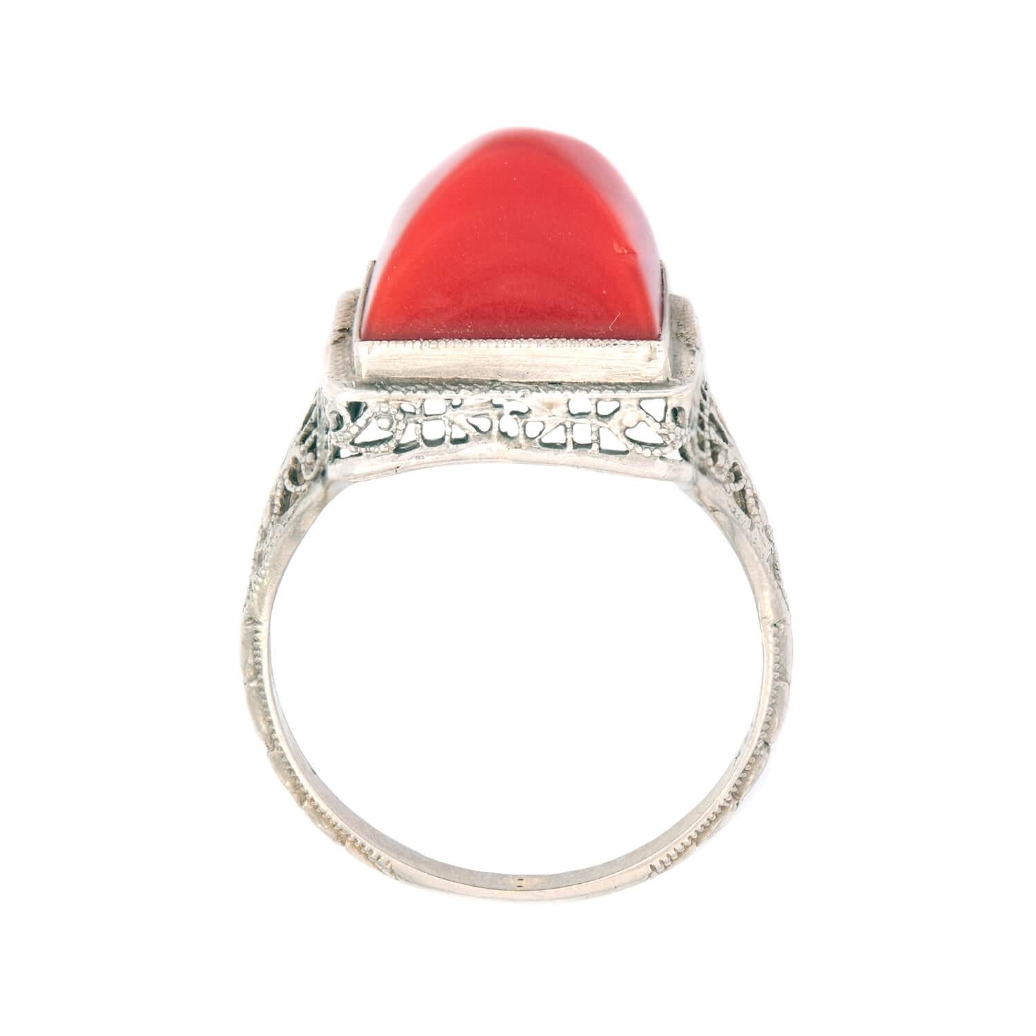 Art Deco 14k Coral Bullet Cabochon Ring