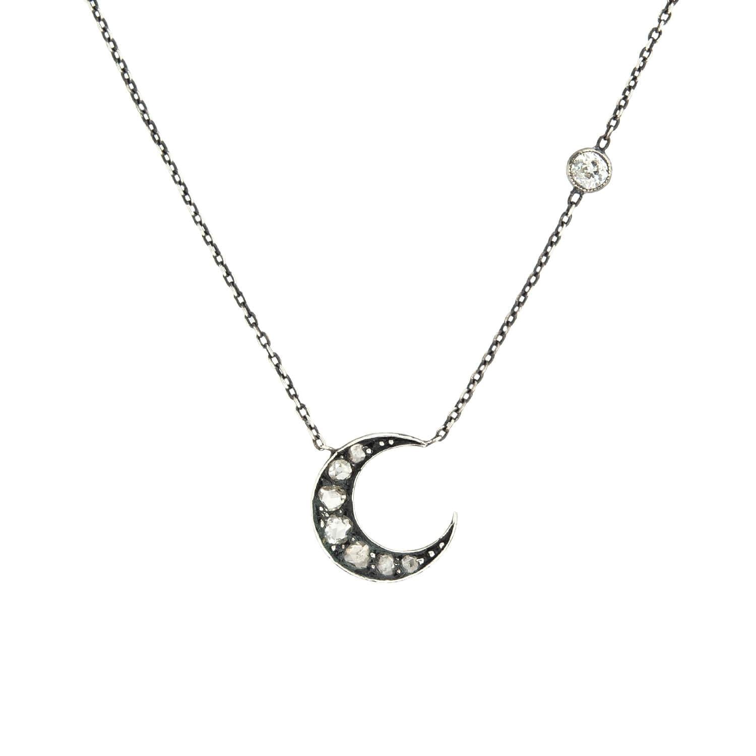 Victorian 14k/Sterling Silver Diamond Crescent Pendant Necklace