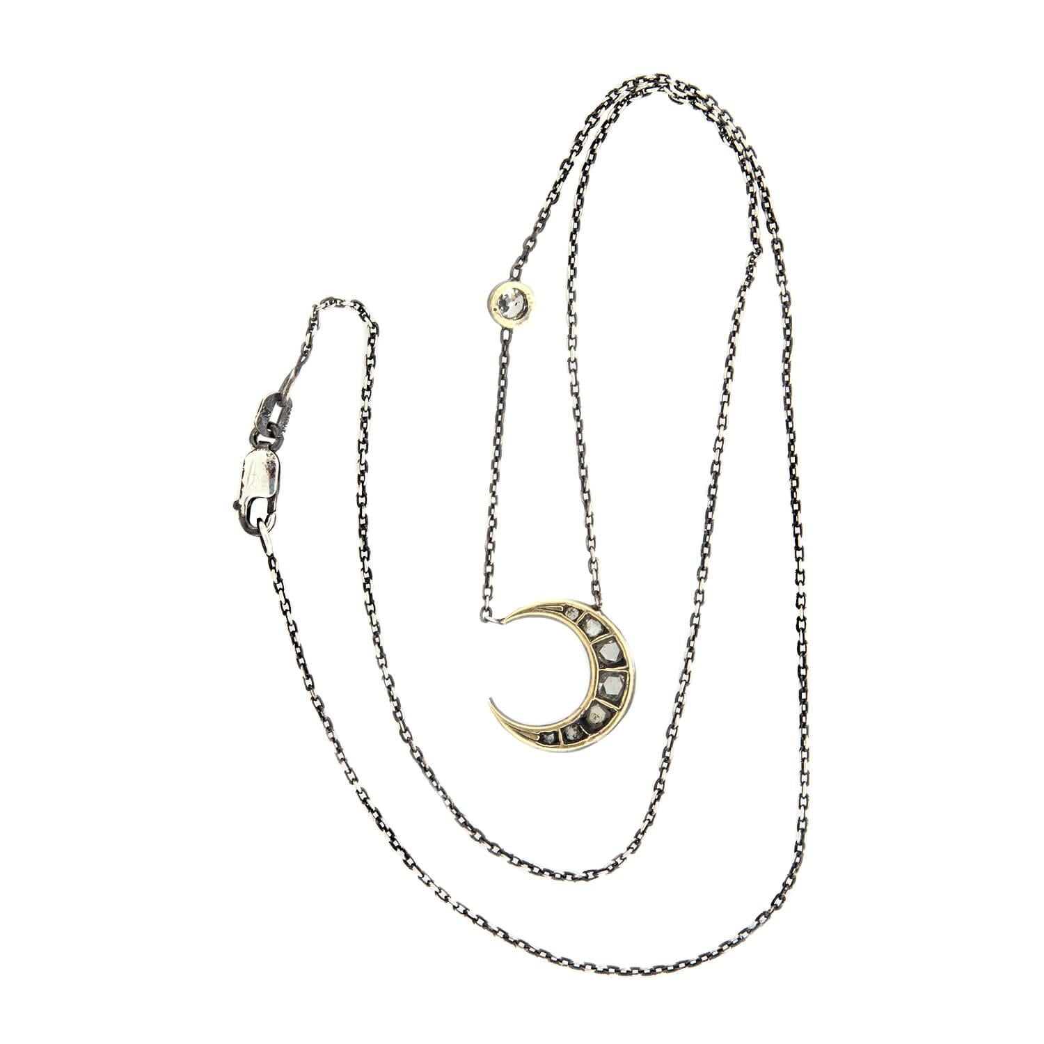 Victorian 14k/Sterling Silver Diamond Crescent Pendant Necklace