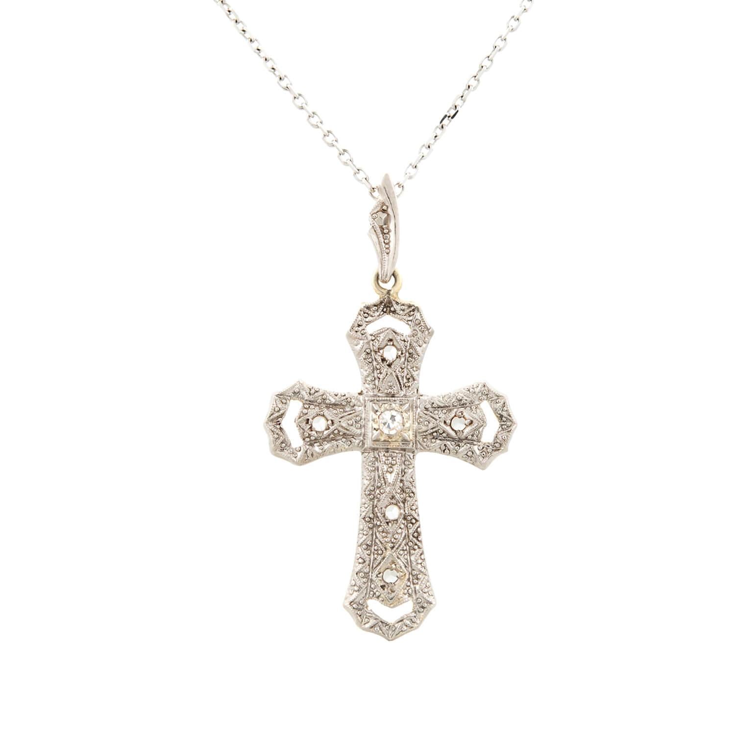 Edwardian 14k and Diamond Cross Pendant Necklace