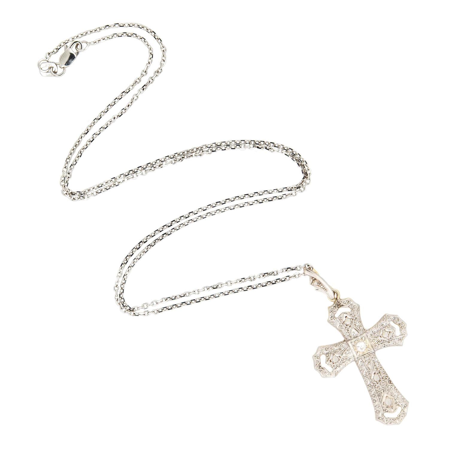Edwardian 14k and Diamond Cross Pendant Necklace
