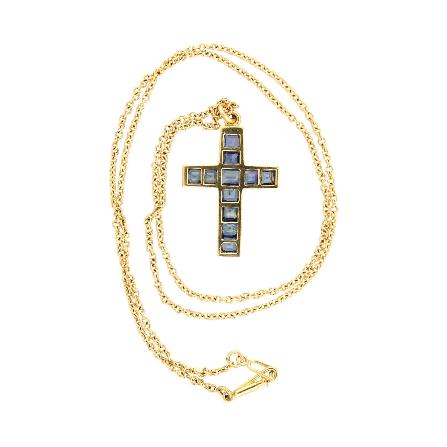 Late Victorian 18k Sapphire Cross Pendant Necklace