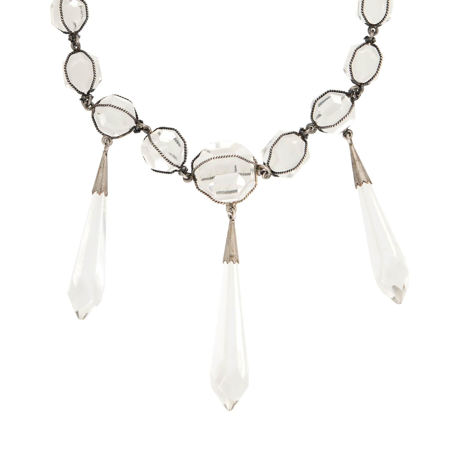 Art Deco Sterling Silver Rock Quartz Crystal Caged Festoon Necklace