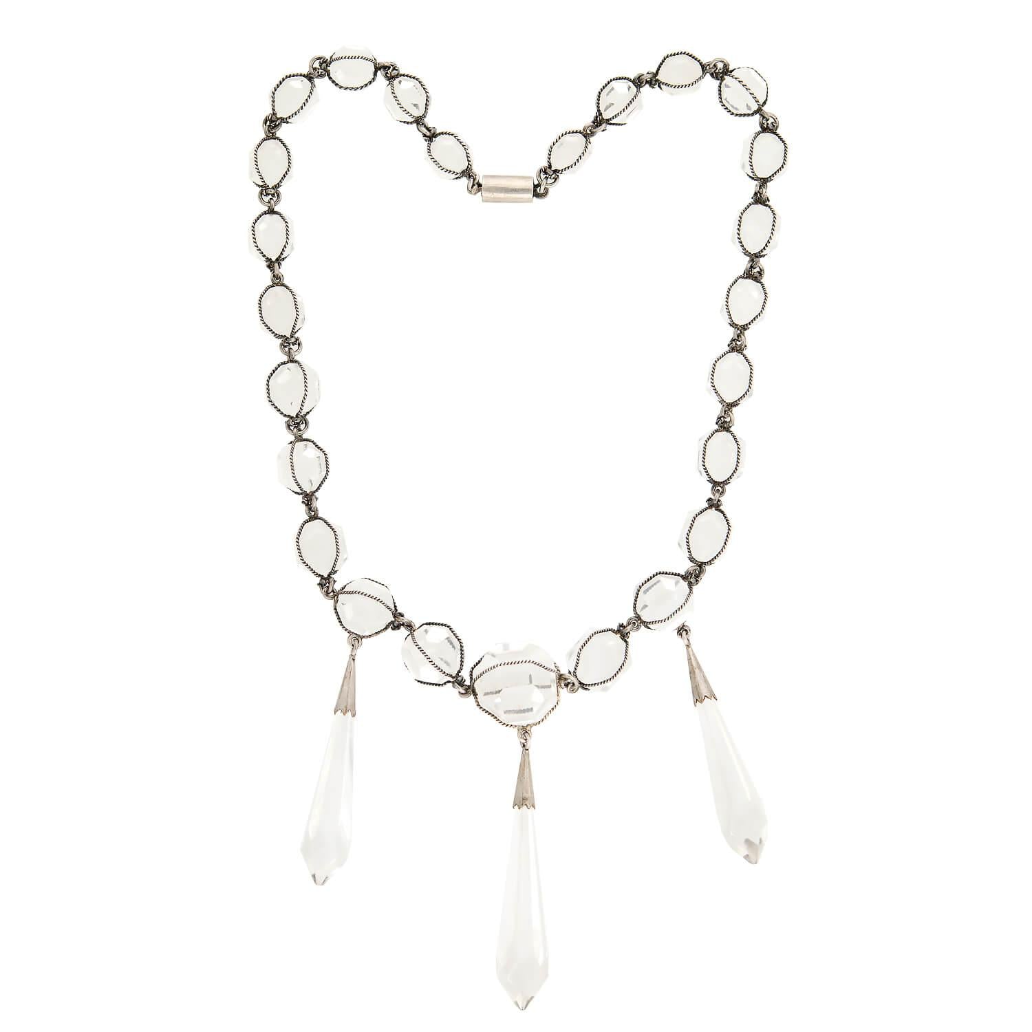 Art Deco Sterling Silver Rock Quartz Crystal Caged Festoon Necklace