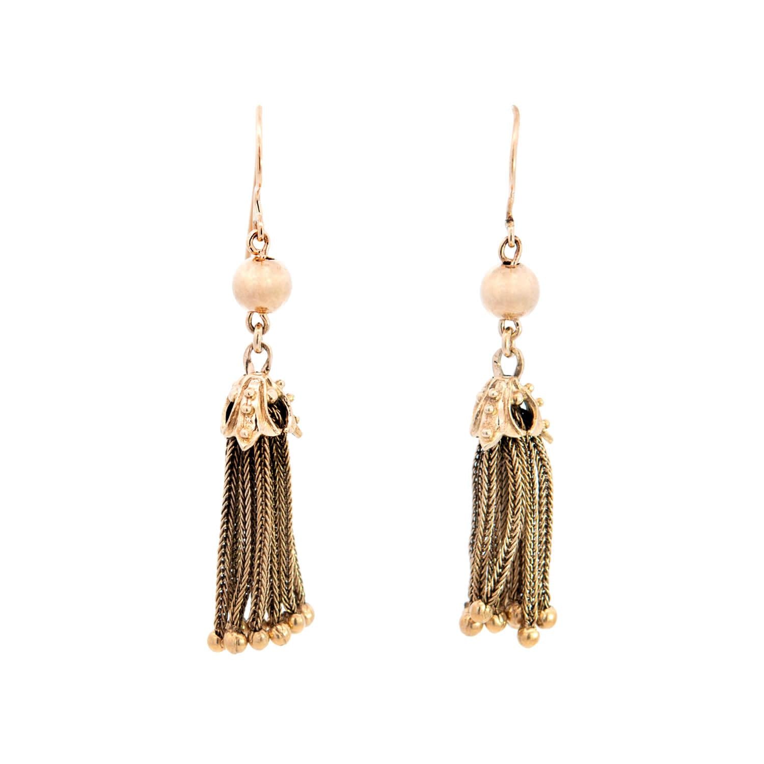 Victorian 14k Braided Chain Tassel Dangle Earrings