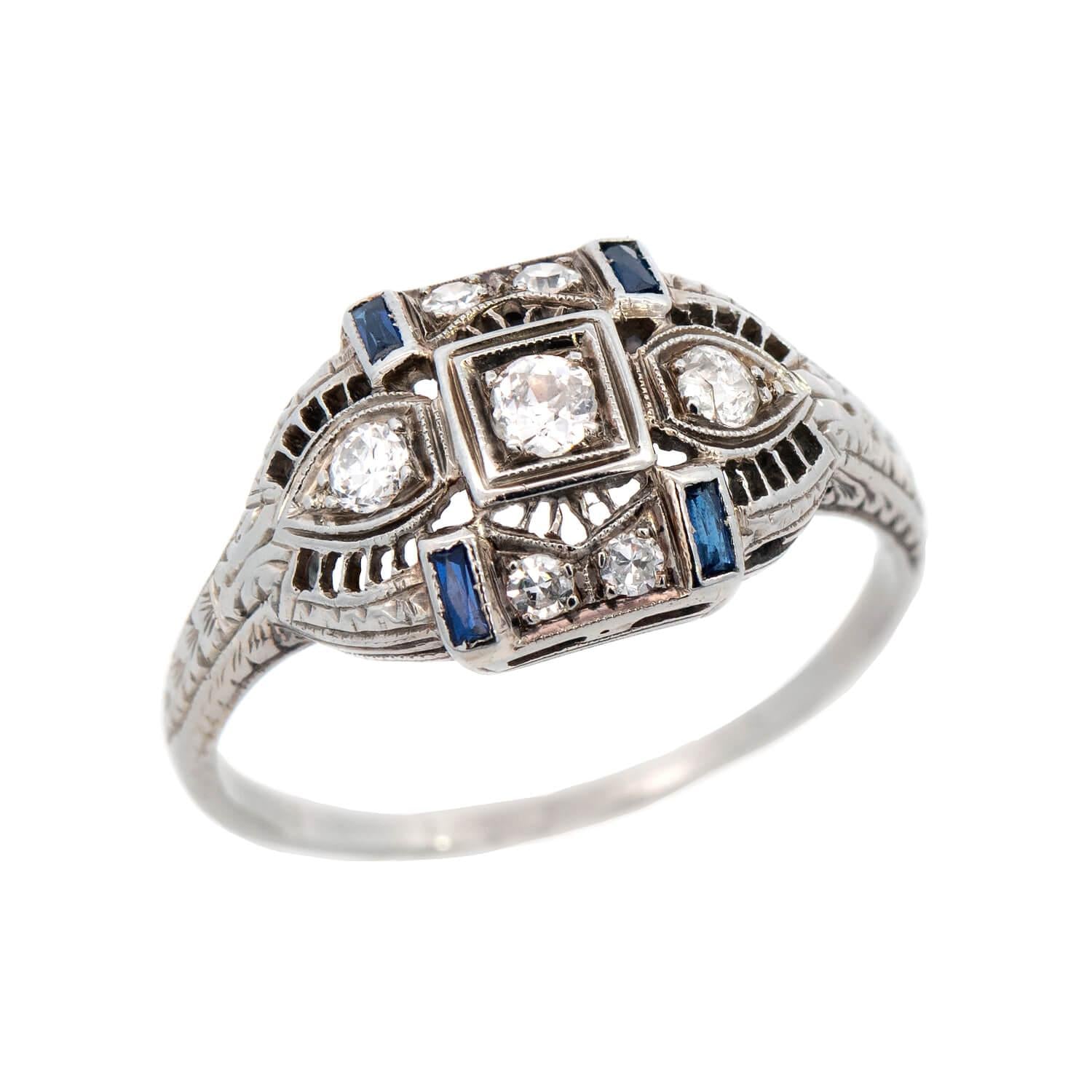 Art Deco 18k Diamond and Sapphire Filigree Ring