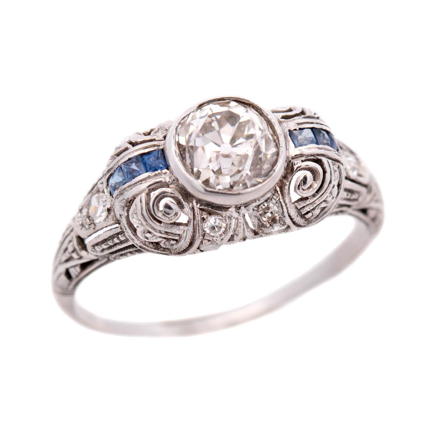 Art Deco Platinum Diamond and Sapphire Engagement Ring 1.03ct