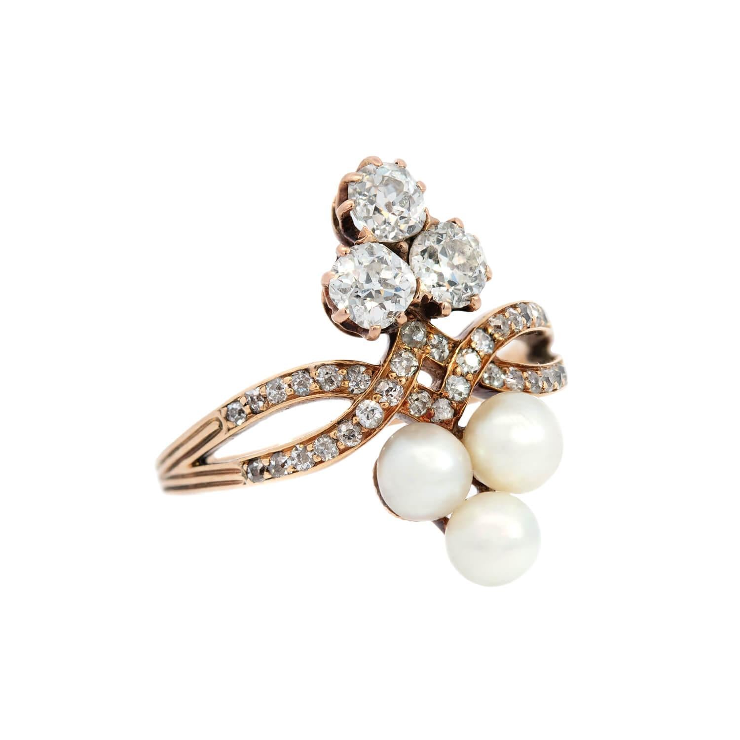 Victorian 14k Diamond and Pearl Double Trefoil Ring