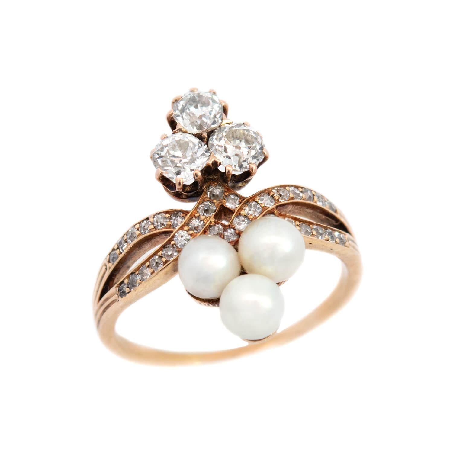 Victorian 14k Diamond and Pearl Double Trefoil Ring