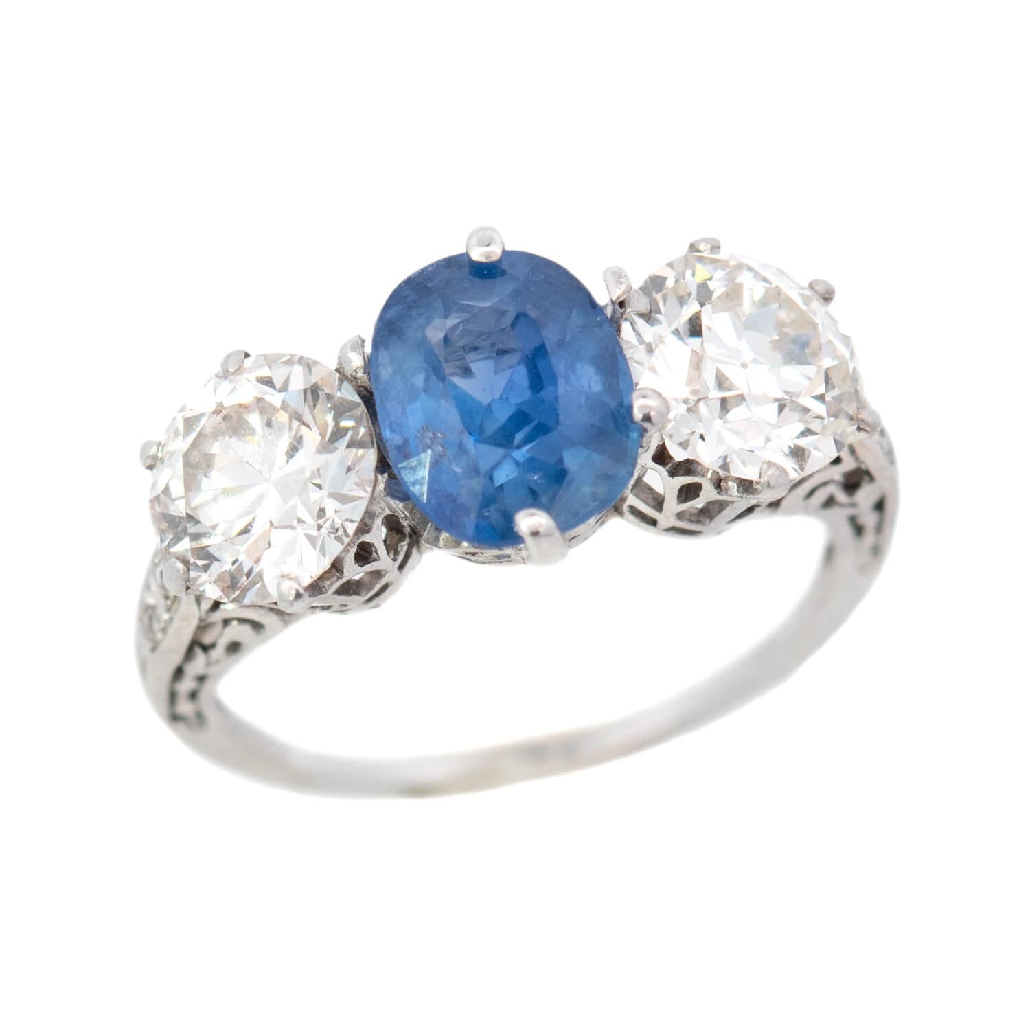 Edwardian Platinum GIA No Heat Sapphire and Diamond Three Stone Ring