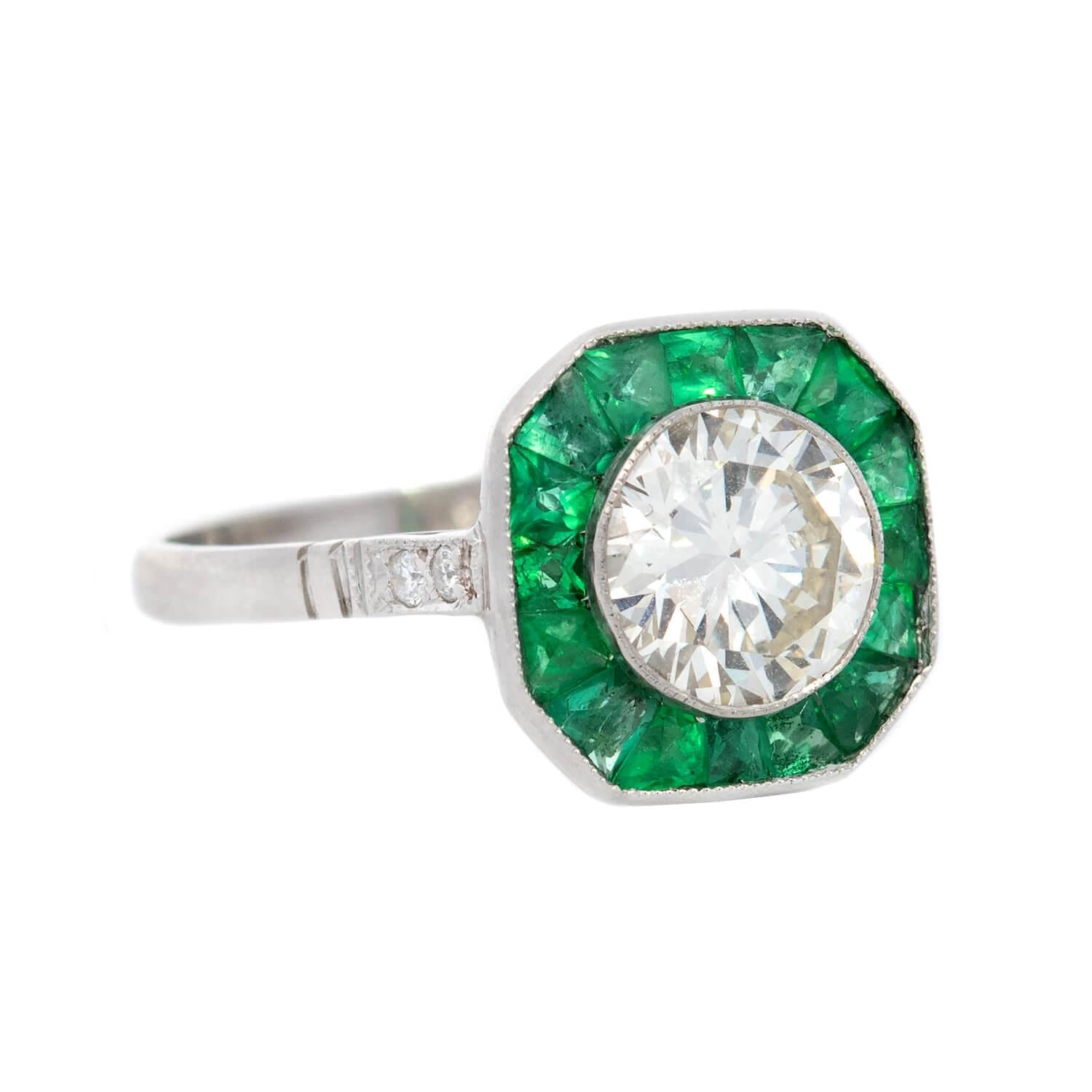 Art Deco Platinum Diamond and Emerald Halo Engagement Ring 1.50ct