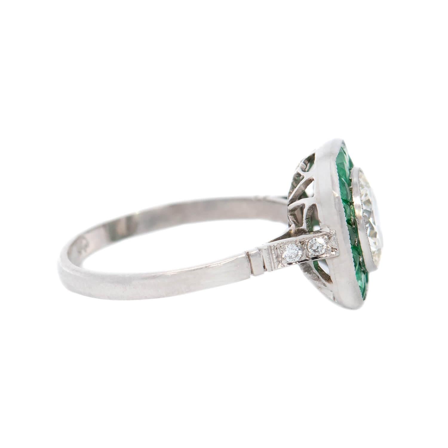 Art Deco Platinum Diamond and Emerald Halo Engagement Ring 1.50ct