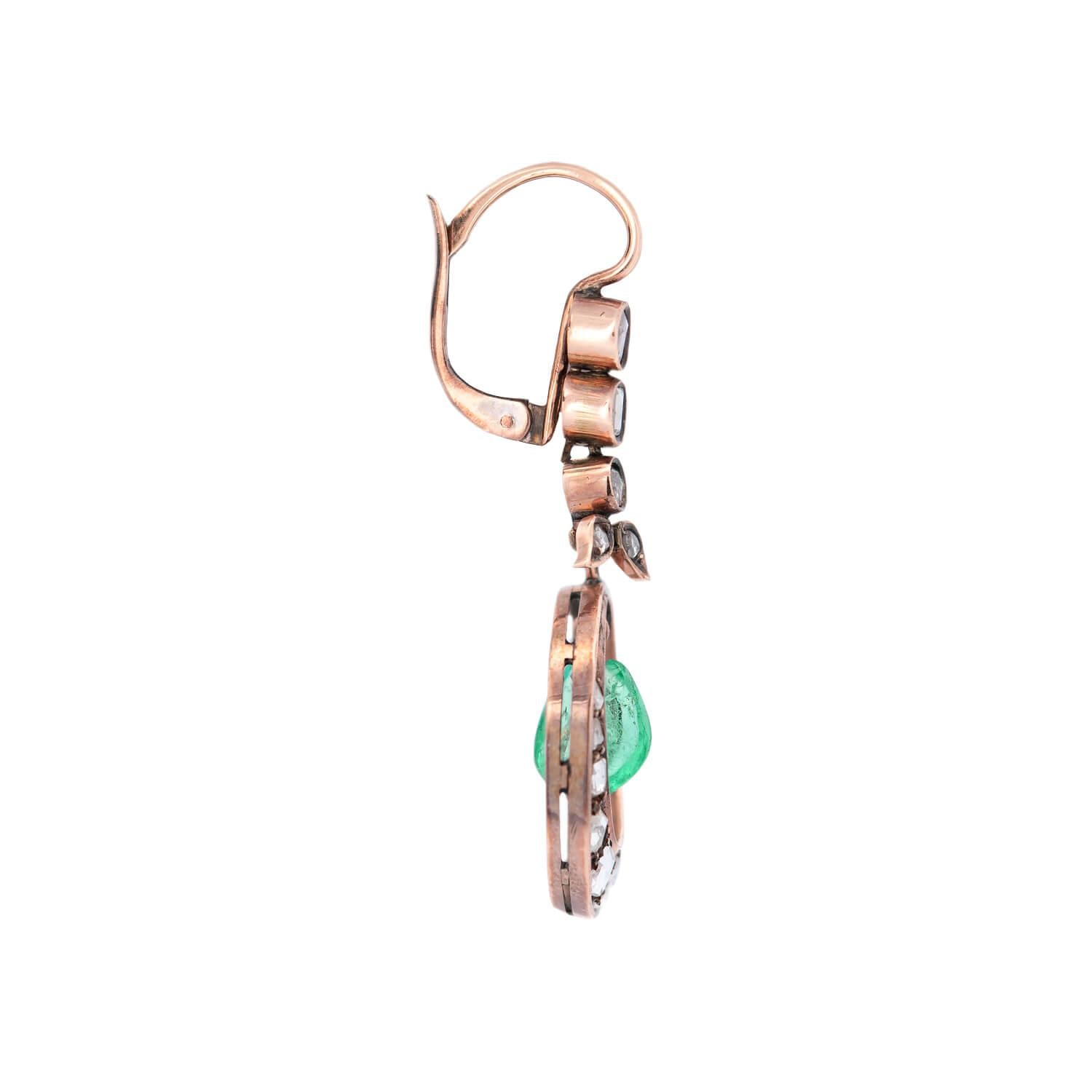 Victorian 15k Diamond and Emerald Dangle Earrings 2ctw