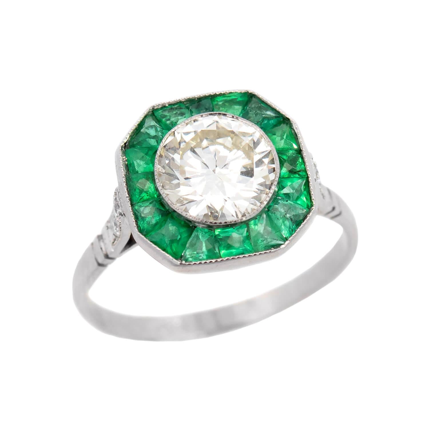 Art Deco Platinum Diamond and Emerald Halo Engagement Ring 1.50ct