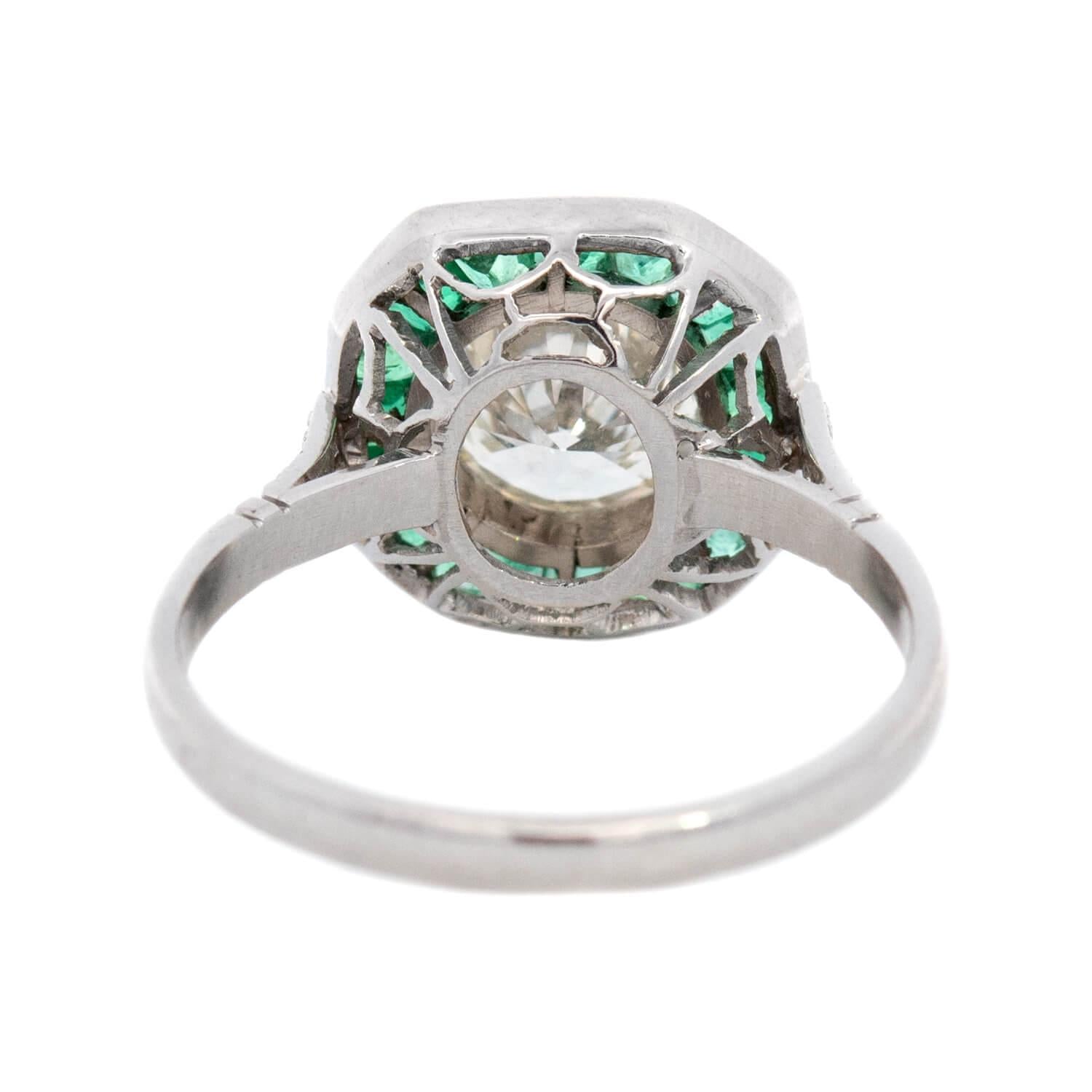 Art Deco Platinum Diamond and Emerald Halo Engagement Ring 1.50ct