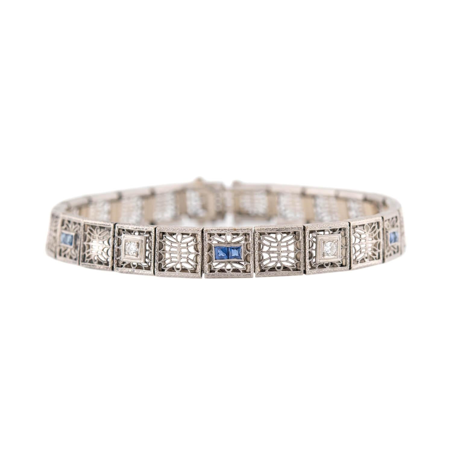 Art Deco 14K/Platinum Top Diamond and Sapphire Filigree Line Bracelet