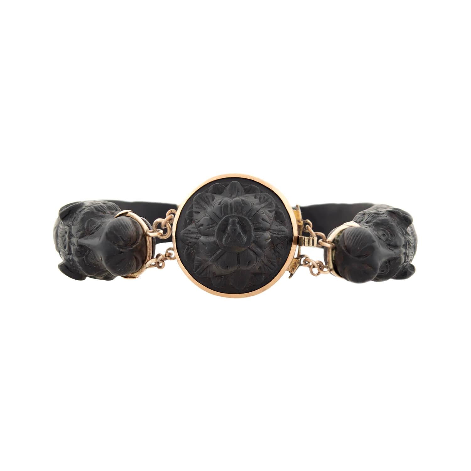 Victorian 14k Gutta Percha Carved Lion Bracelet