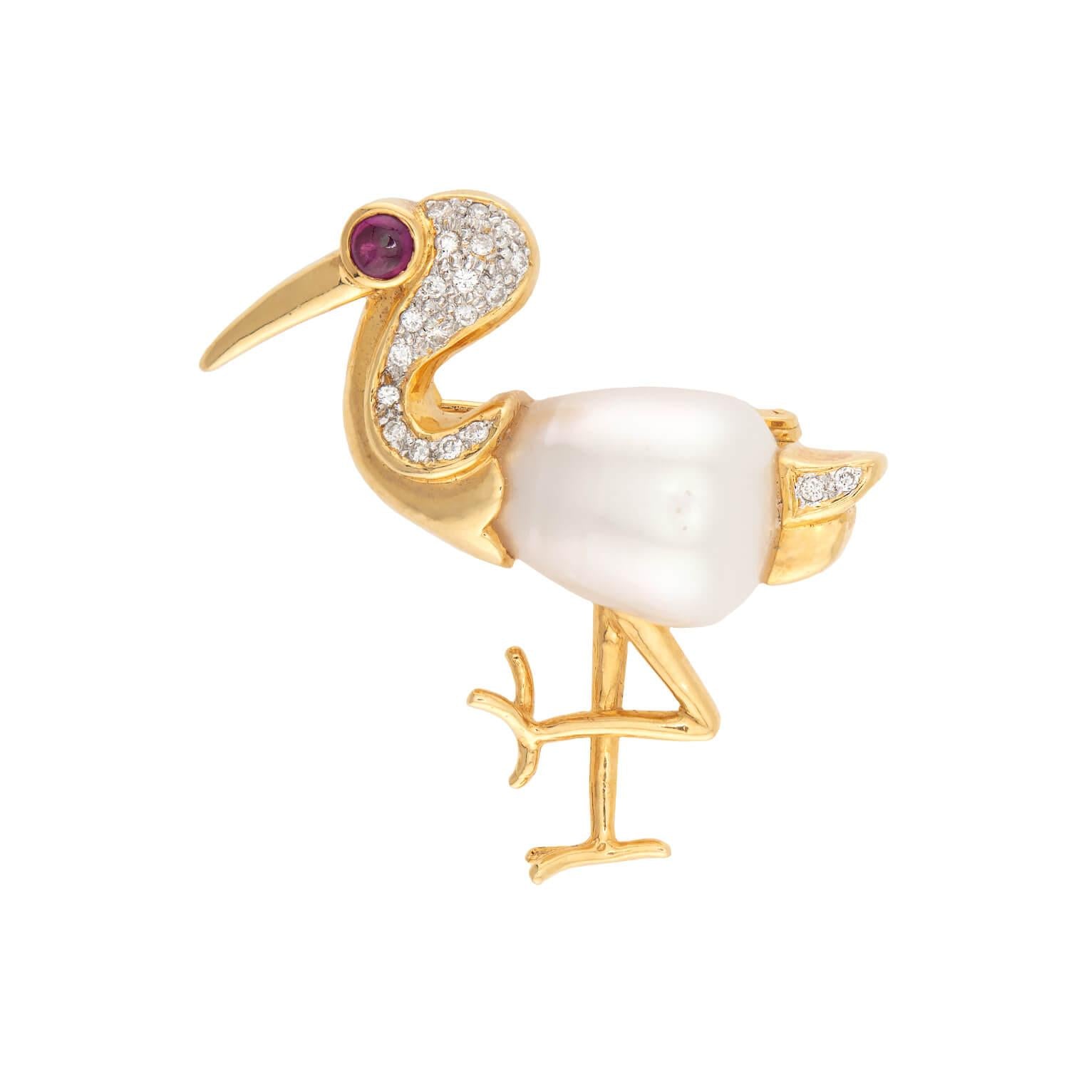 Estate 18k Diamond, Ruby, and Pearl Heron Pin