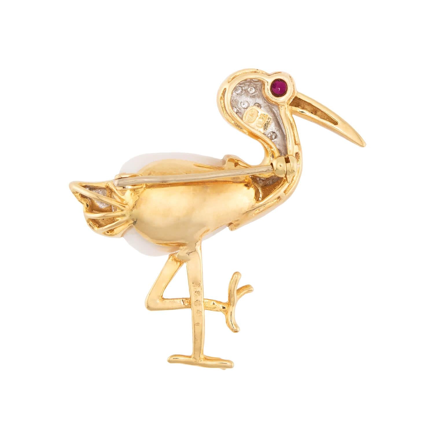 Estate 18k Diamond, Ruby, and Pearl Heron Pin