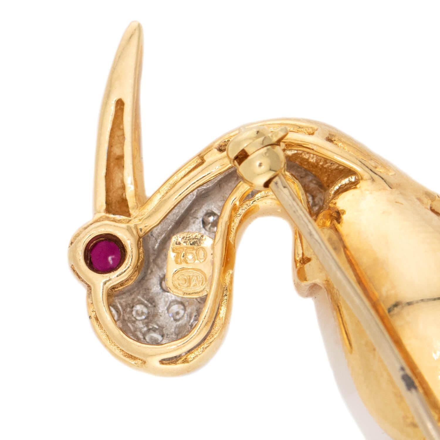 Estate 18k Diamond, Ruby, and Pearl Heron Pin