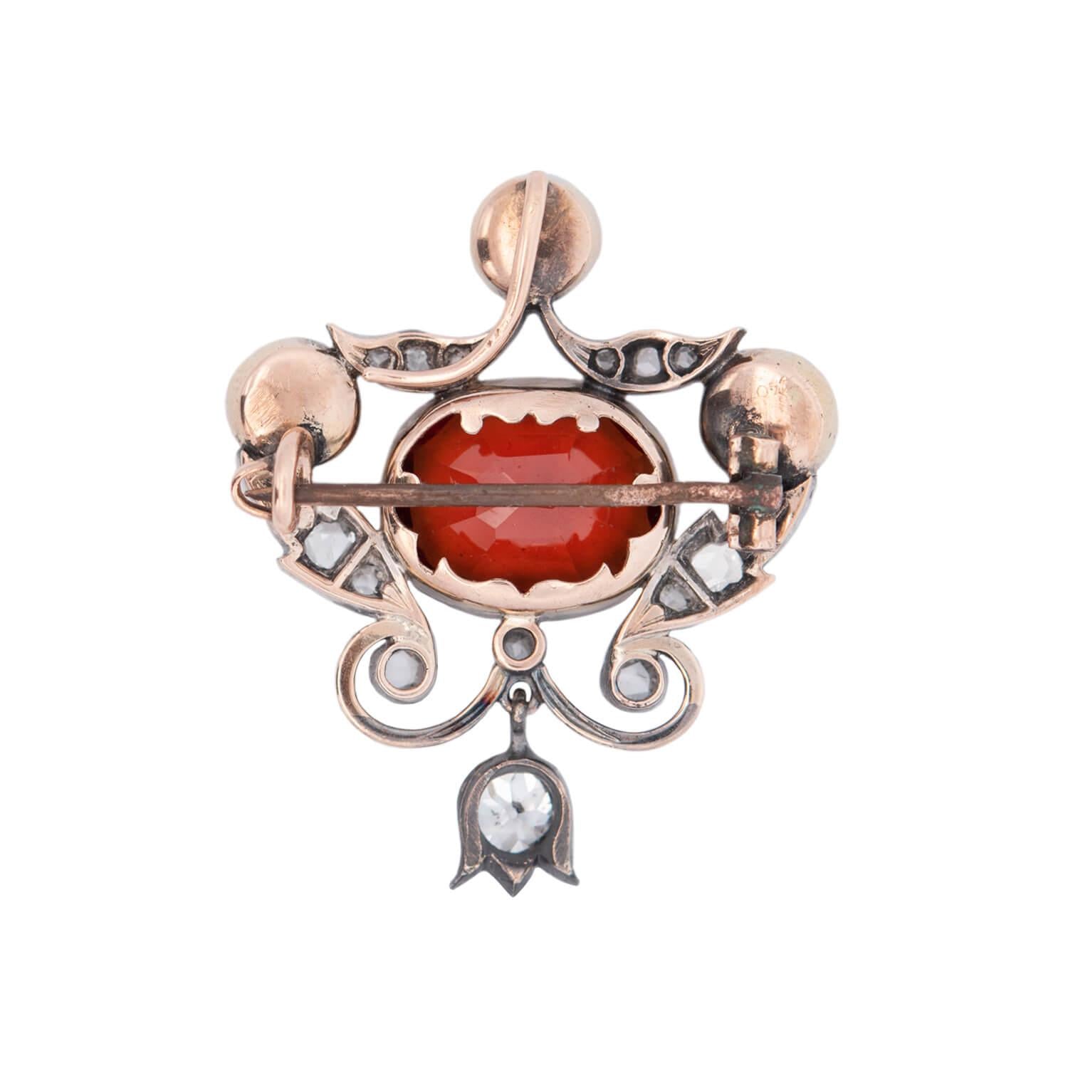 Victorian 18k/Sterling Silver Hessonite Garnet, Diamond, and Pearl Pin/Pendant