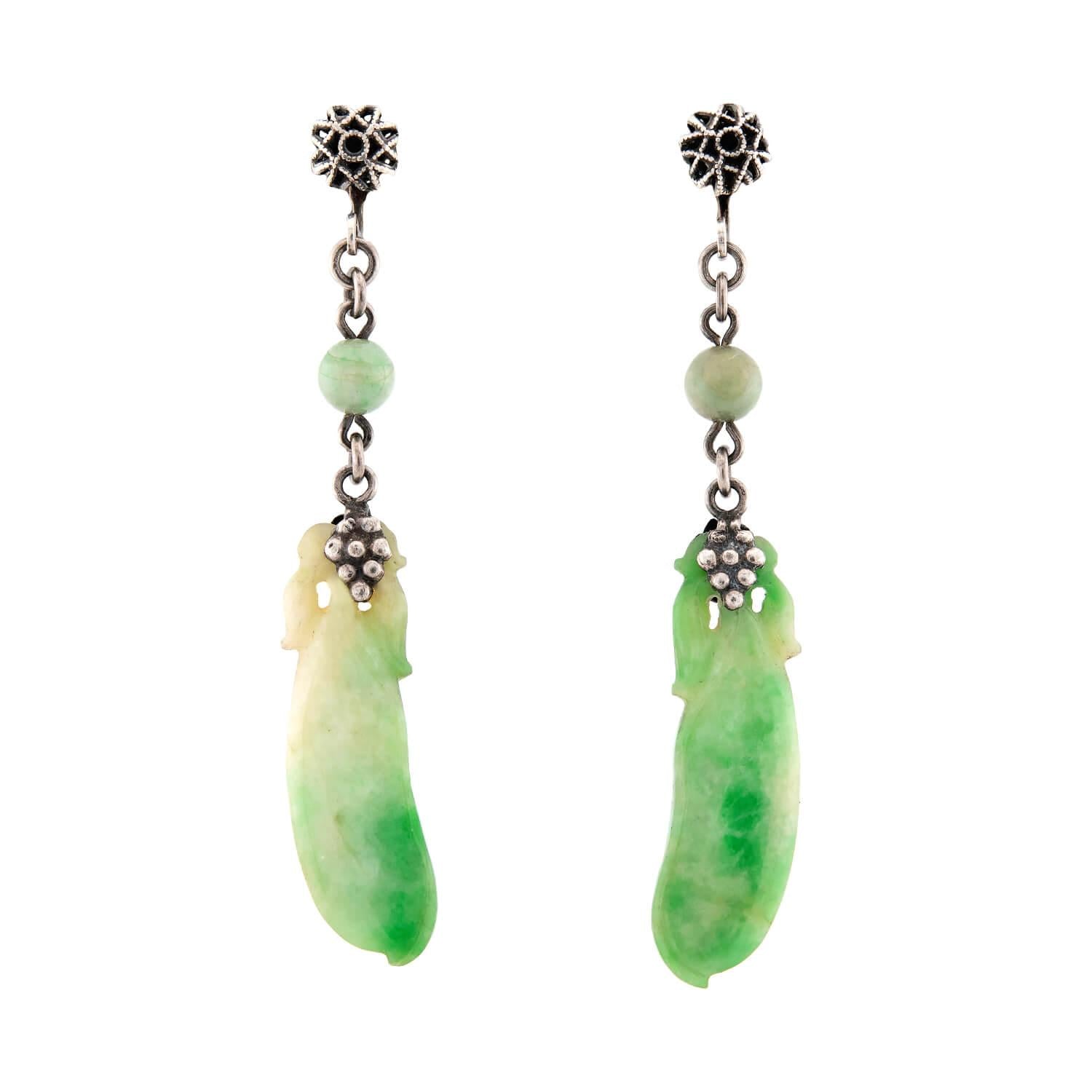 Art Deco Chinese Sterling Silver Carved Jade Earrings