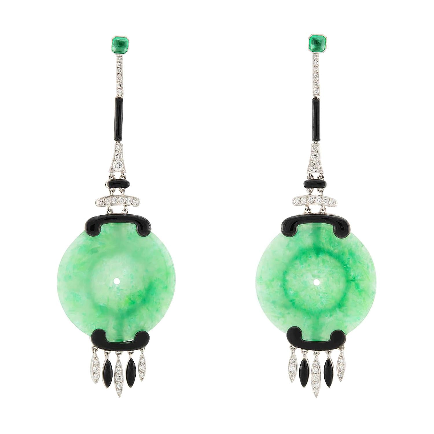 Art Deco Platinum Jade, Diamond, Emerald, and Enamel Disc Earrings