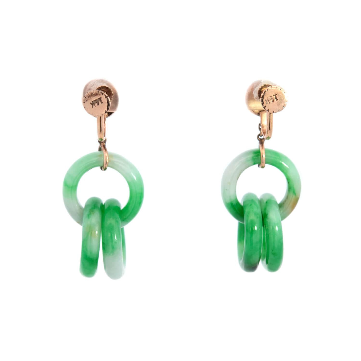 Art Deco 14k Jade "Devil's Work" Interlocking Hoop Earrings