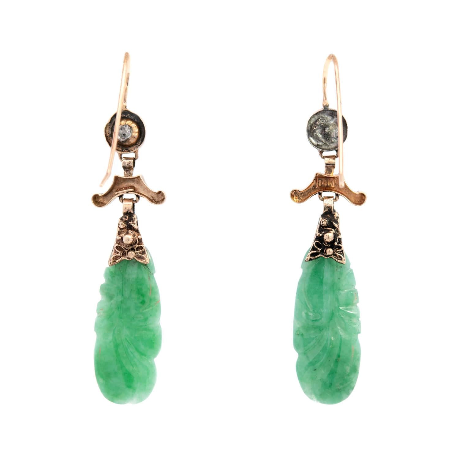 Art Deco 14k Carved Jade Dangle Earrings