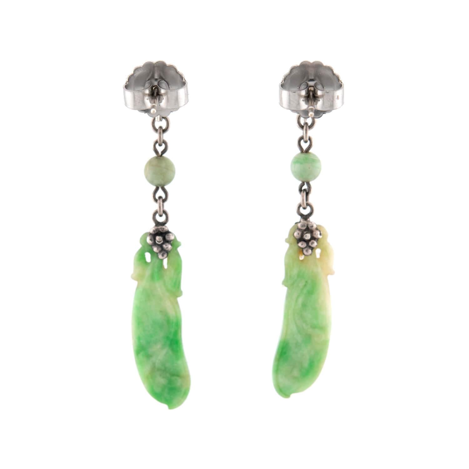 Art Deco Chinese Sterling Silver Carved Jade Earrings