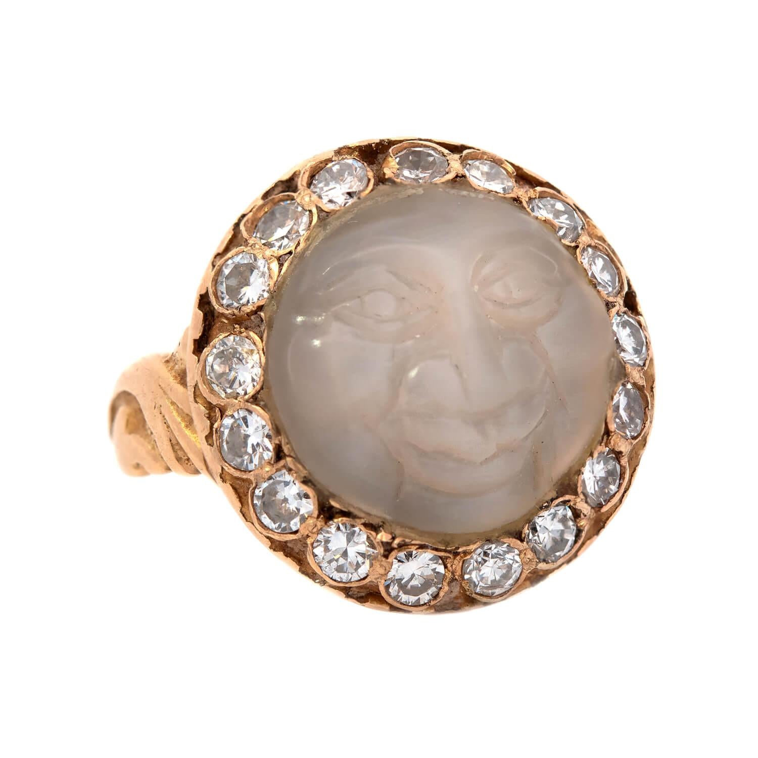 Edwardian 18k Moonstone and Diamond Man In The Moon Ring