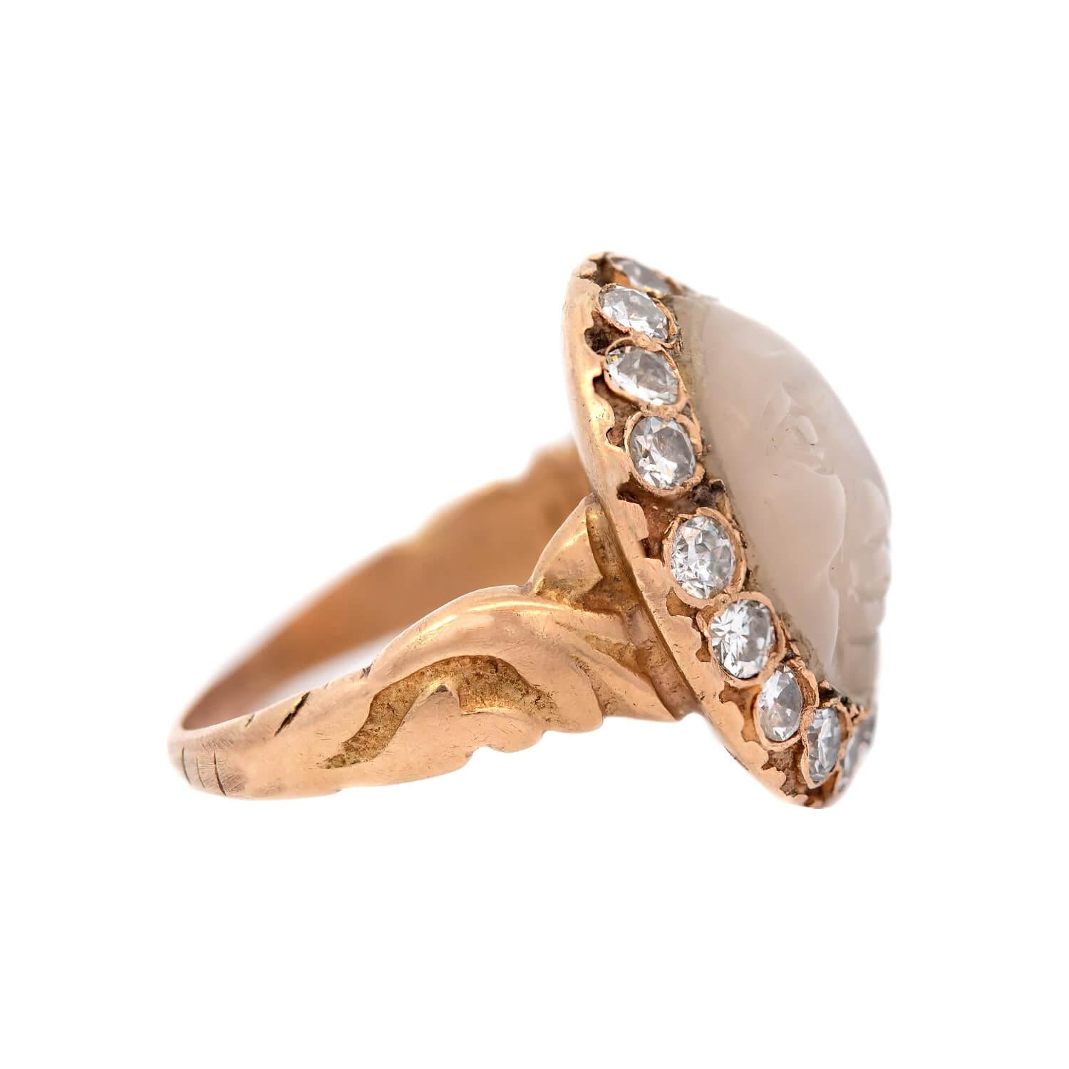 Edwardian 18k Moonstone and Diamond Man In The Moon Ring