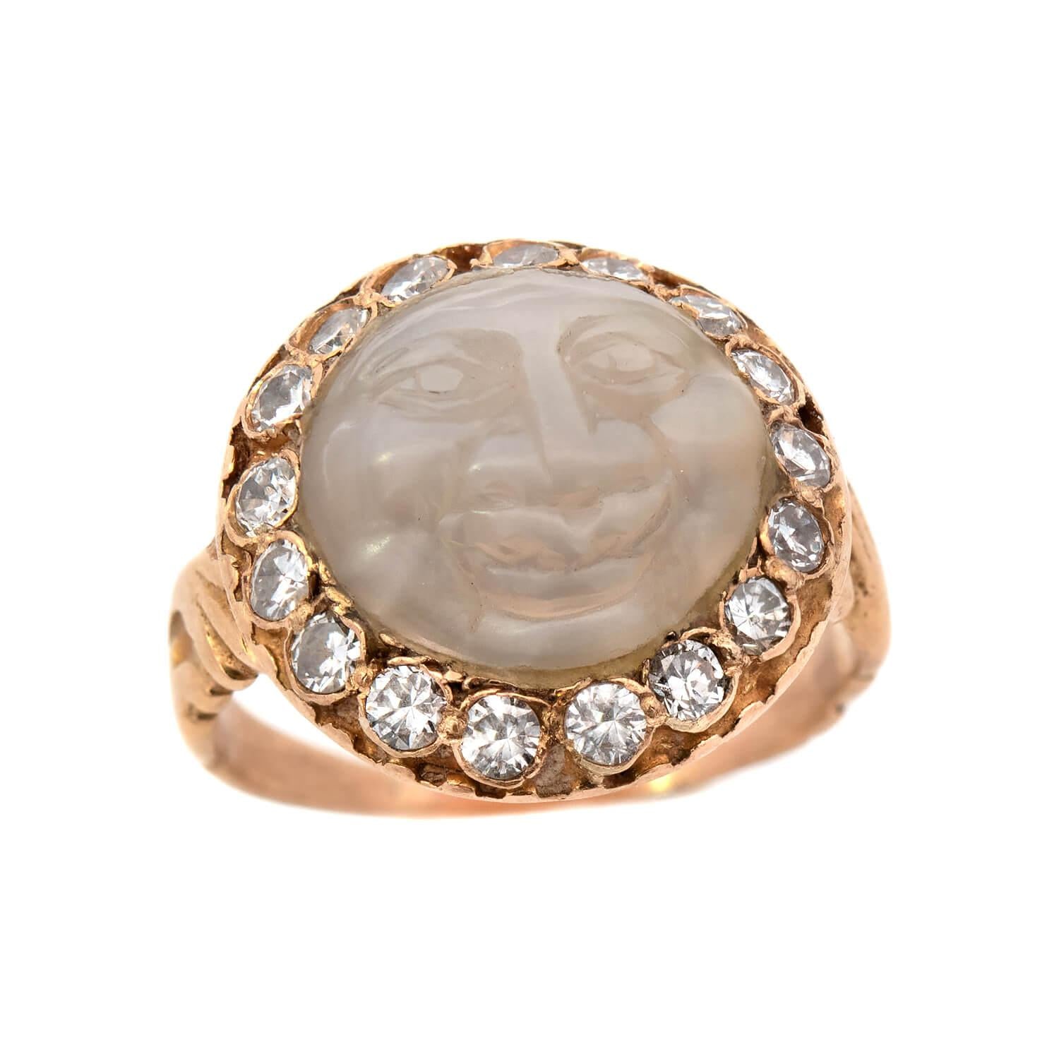 Edwardian 18k Moonstone and Diamond Man In The Moon Ring