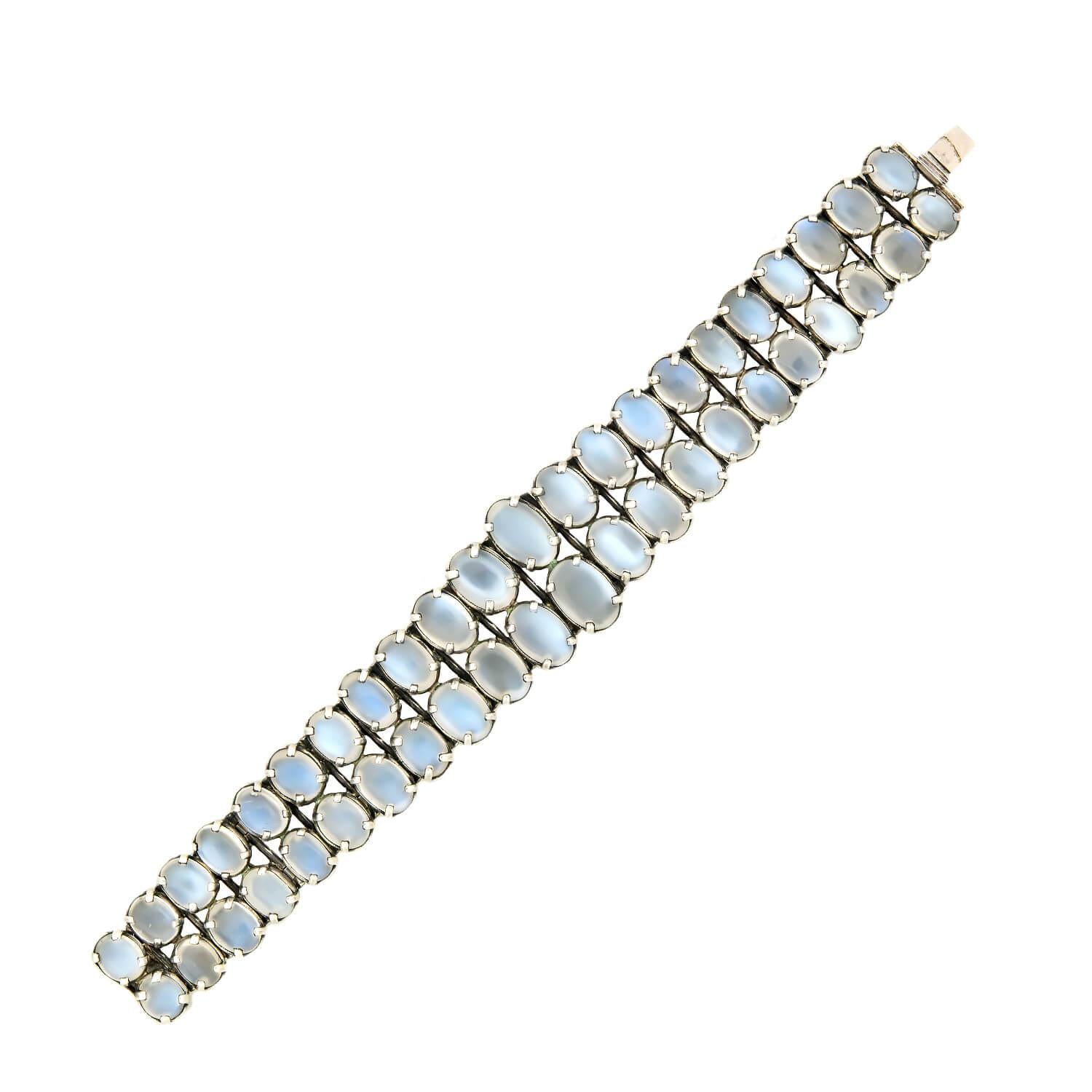 Vintage Sterling Silver 2 Rows Graduated Moonstone Bracelet