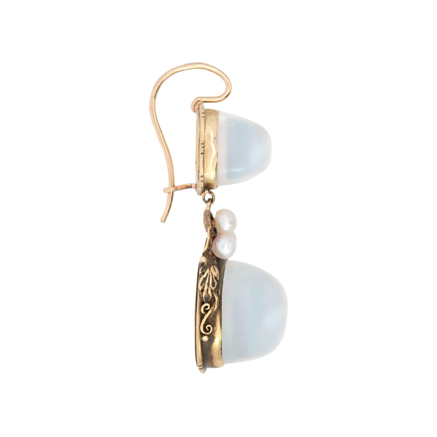 Arts and Crafts 18k Moonstone and Pearl Floral Dangle Earring