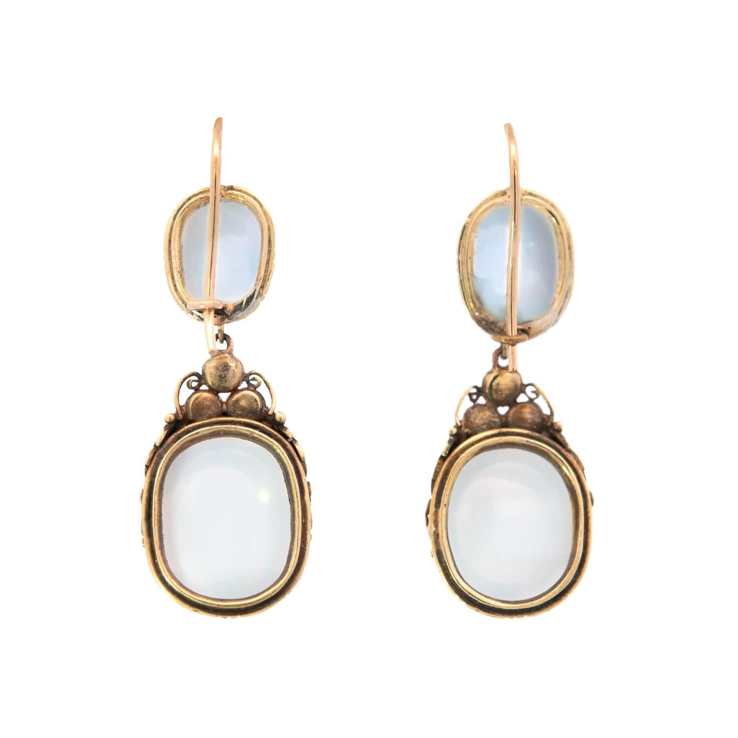 Arts and Crafts 18k Moonstone and Pearl Floral Dangle Earring