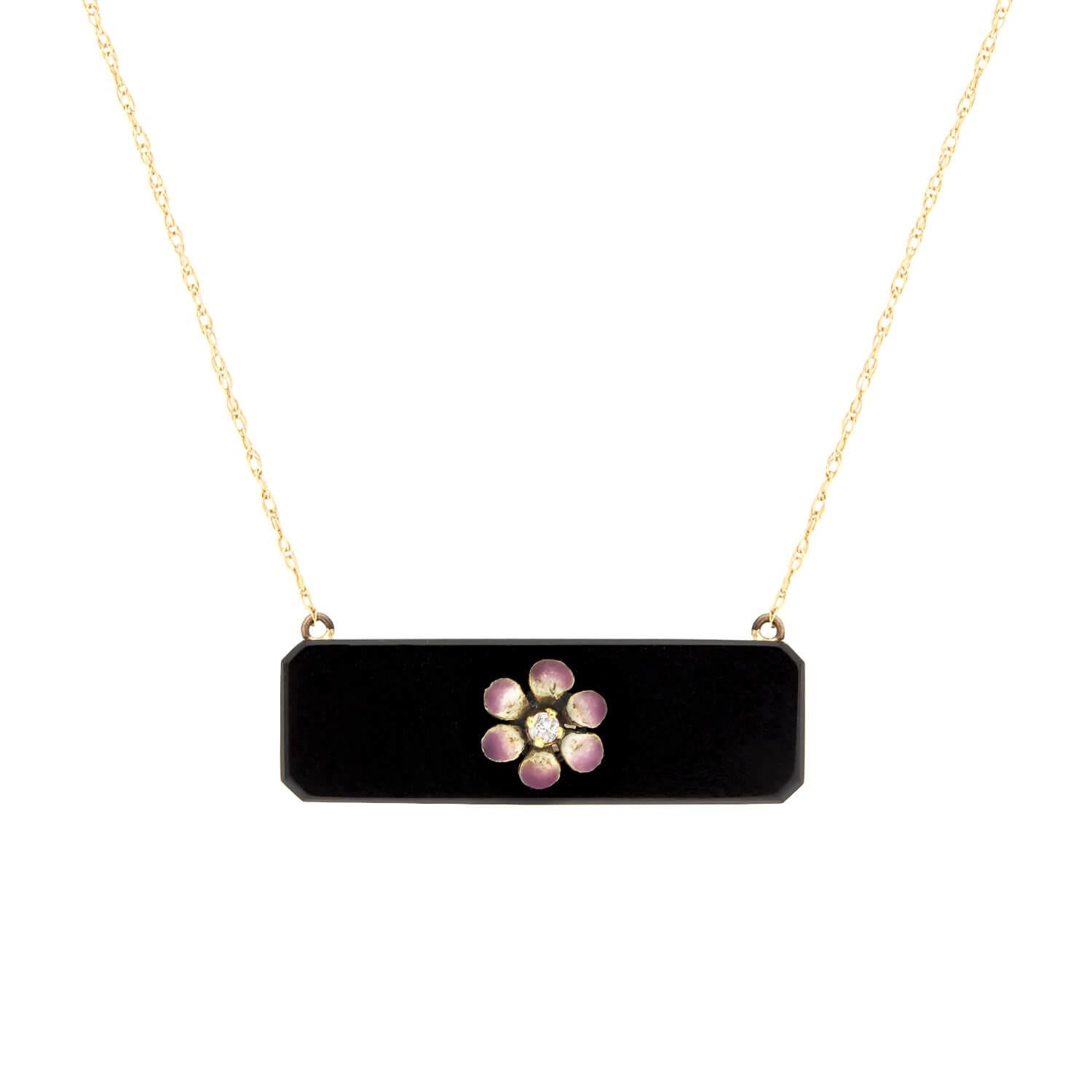 Victorian 14k Onyx and Diamond Enameled Flower Bar Necklace
