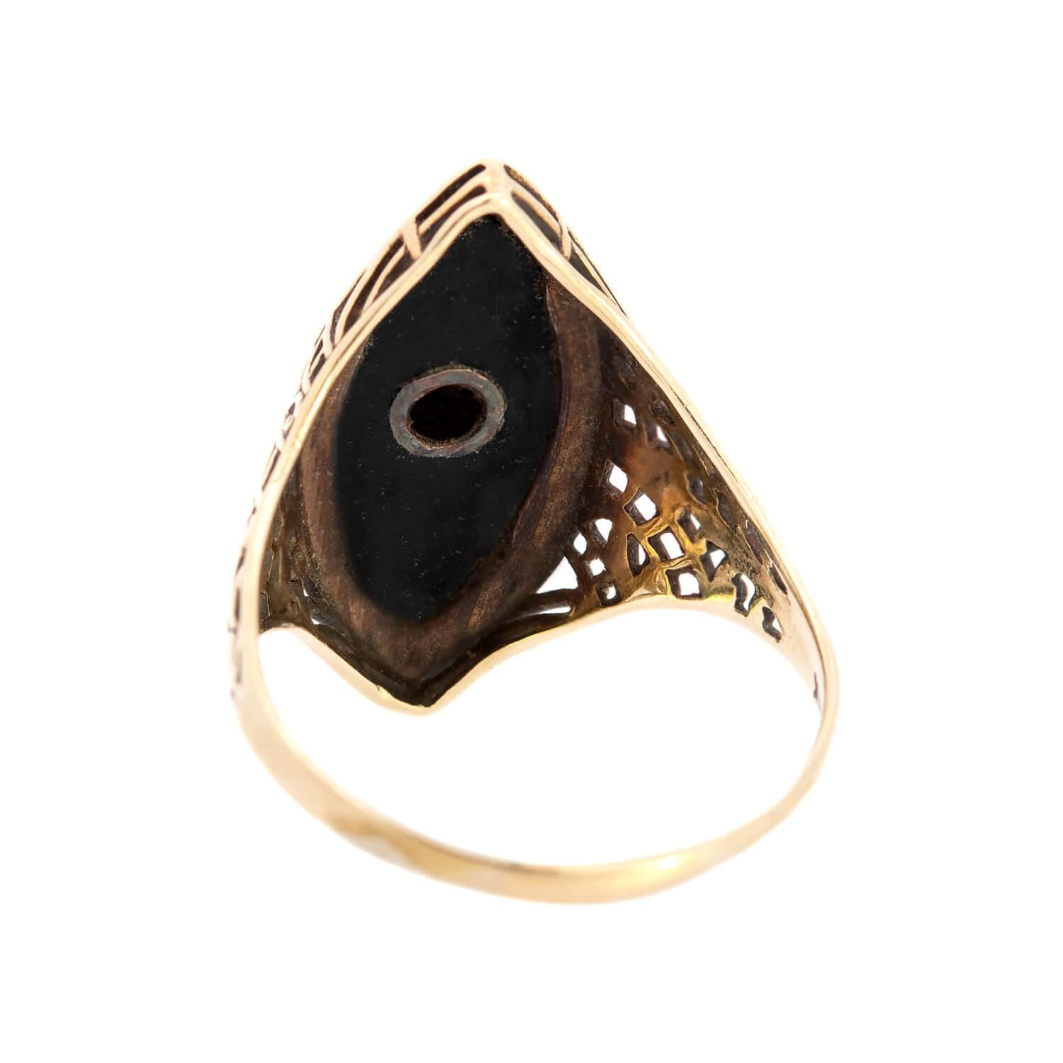 Art Deco 14K Onyx and Diamond Filigree Navette Ring