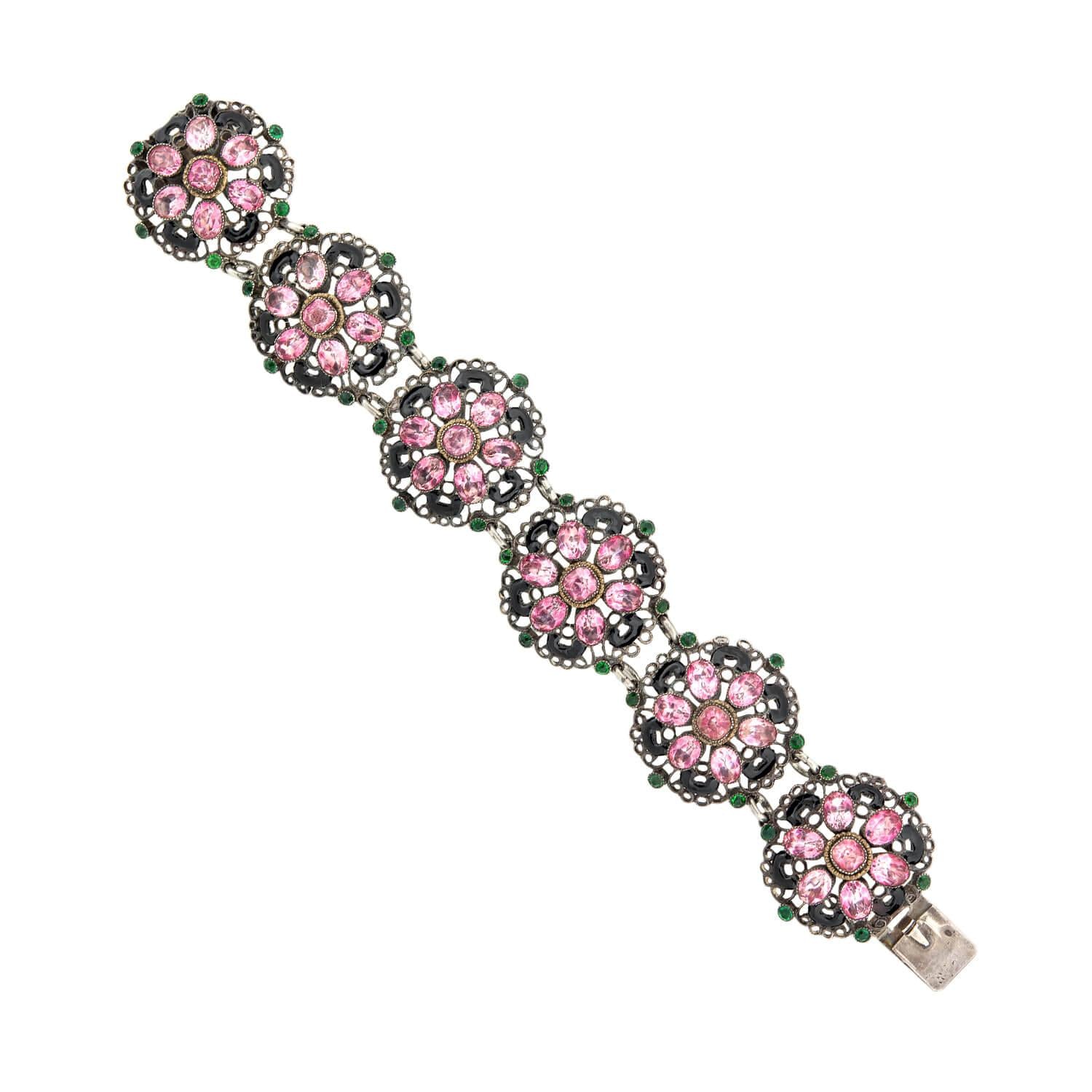 Edwardian Sterling Silver Paste and Enamel Floral Bracelet