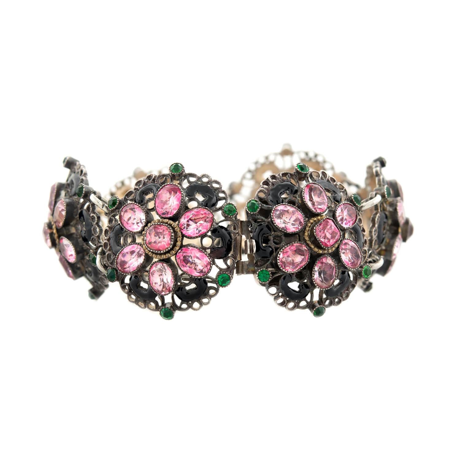 Edwardian Sterling Silver Paste and Enamel Floral Bracelet