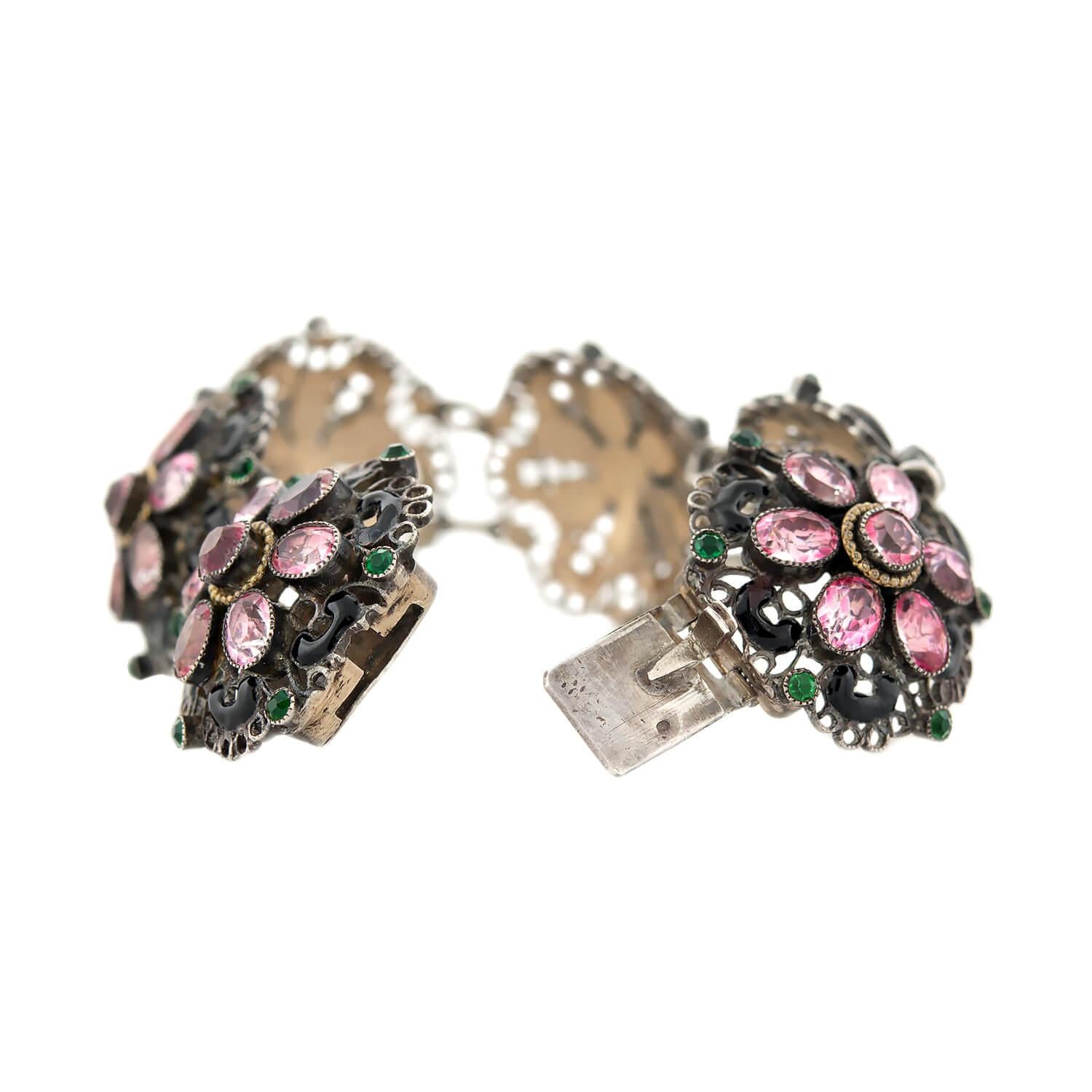 Edwardian Sterling Silver Paste and Enamel Floral Bracelet