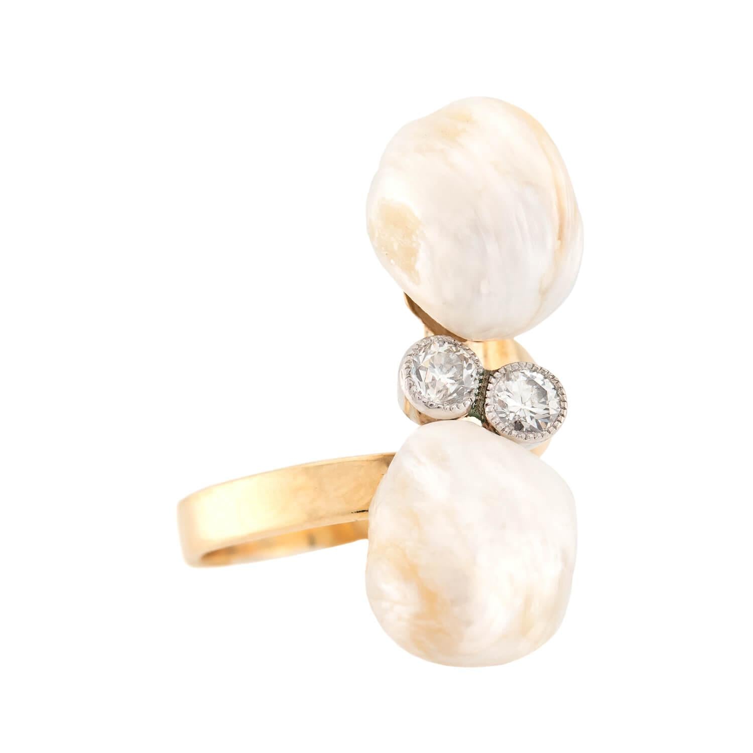 Art Nouveau 14k/Platinum Pearl and Diamond Bypass Ring