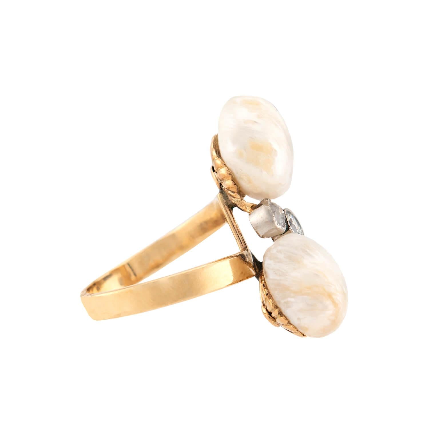 Art Nouveau 14k/Platinum Pearl and Diamond Bypass Ring