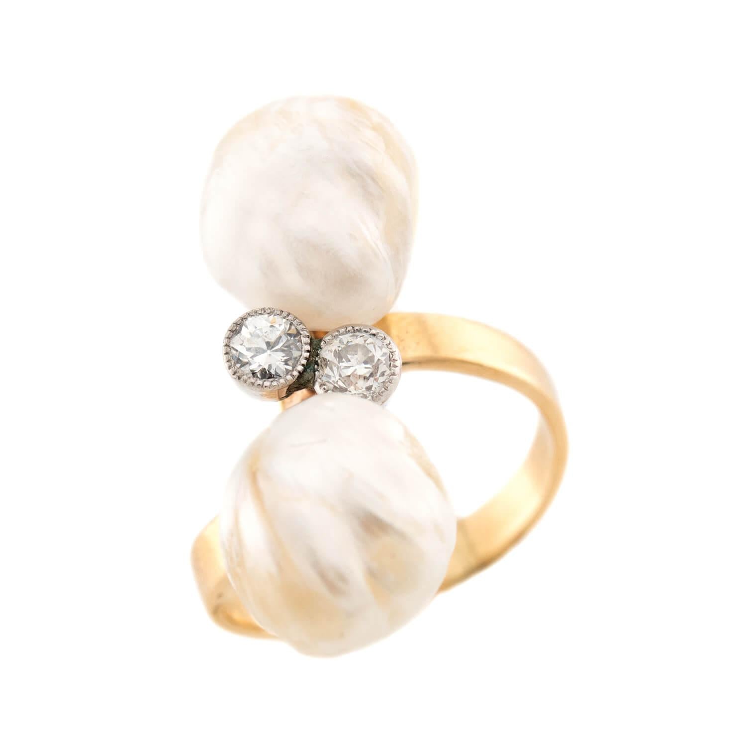 Art Nouveau 14k/Platinum Pearl and Diamond Bypass Ring