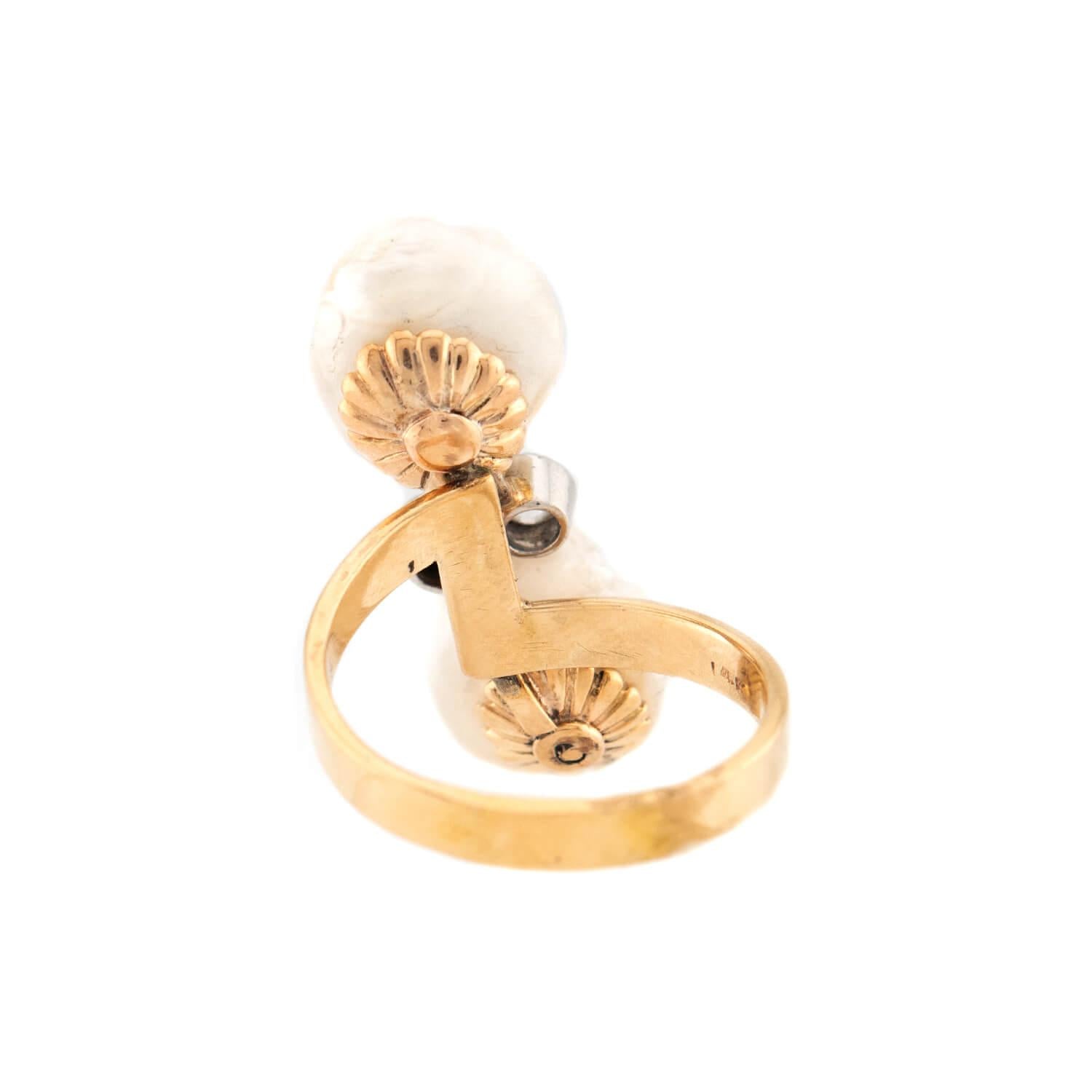 Art Nouveau 14k/Platinum Pearl and Diamond Bypass Ring