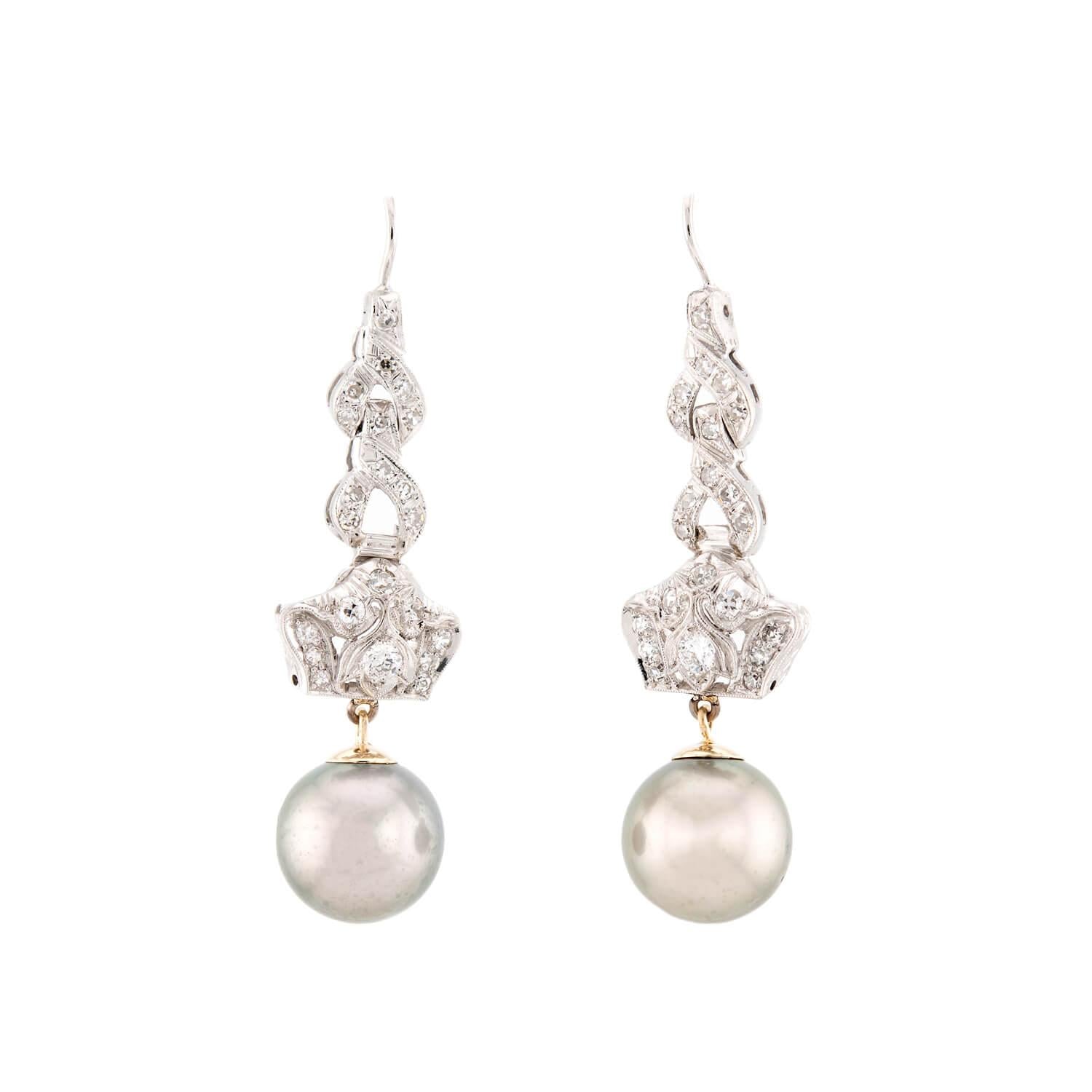 Art Deco Platinum/18k Diamond and Pearl Drop Earrings