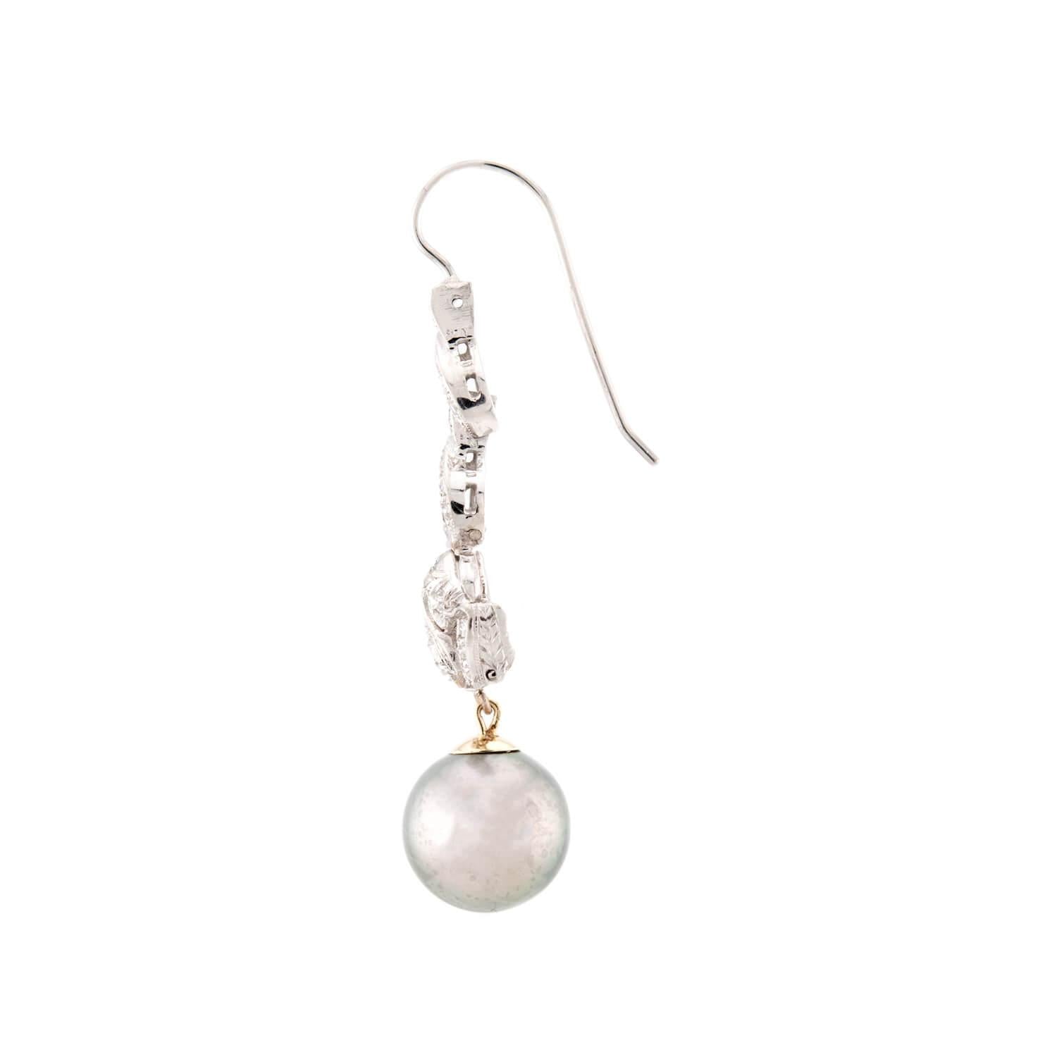 Art Deco Platinum/18k Diamond and Pearl Drop Earrings